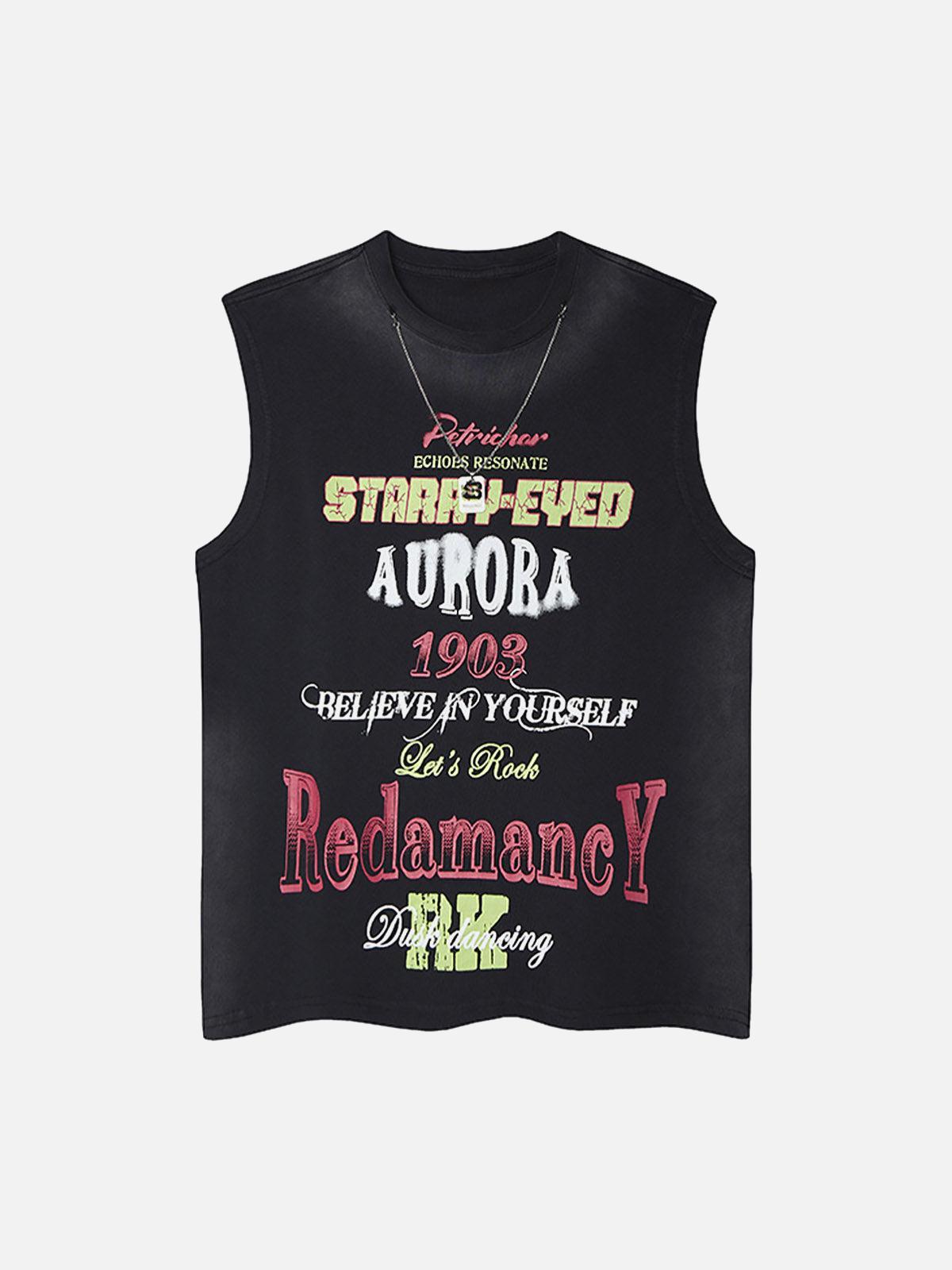 Concert Outfit Spray- Painted Letter Print Necklace Vest