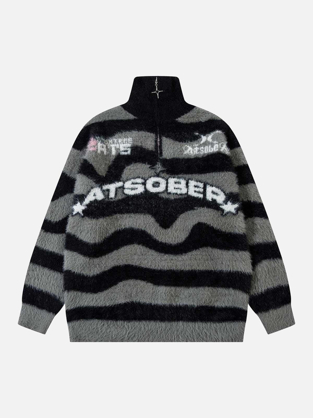 Concert Outfit Stand Collar Striped Zip Up Fleece Sweater