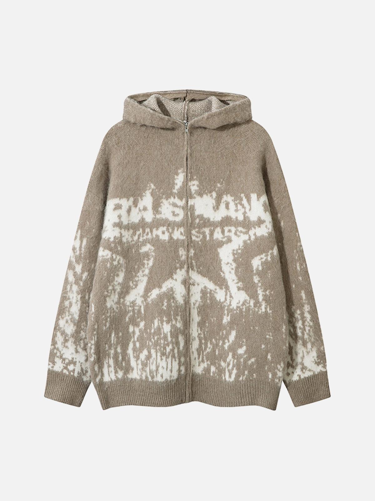 Concert Outfit Star Mohair Fuzzy Hooded Zip Up Sweater