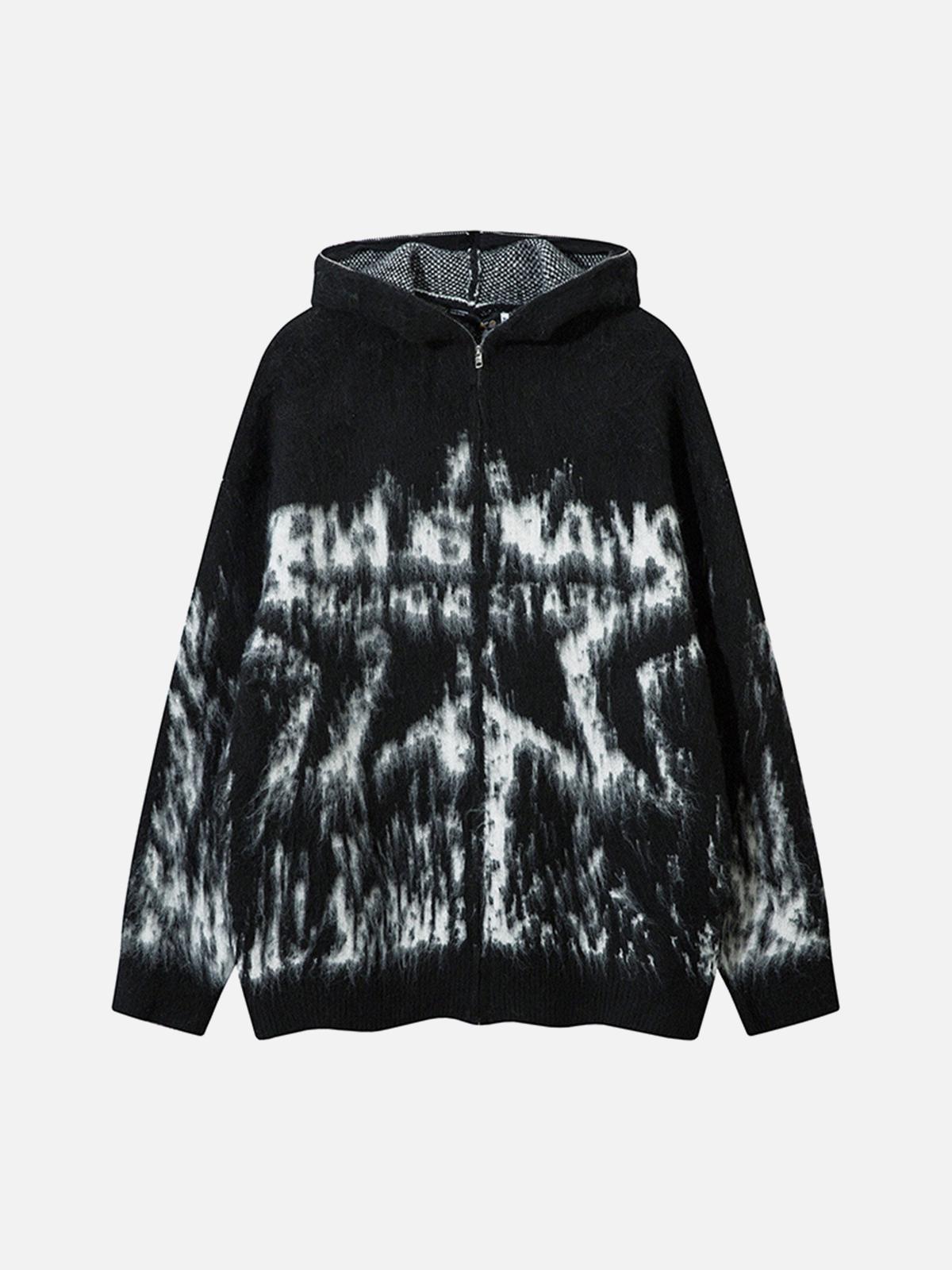 Concert Outfit Star Mohair Fuzzy Hooded Zip Up Sweater