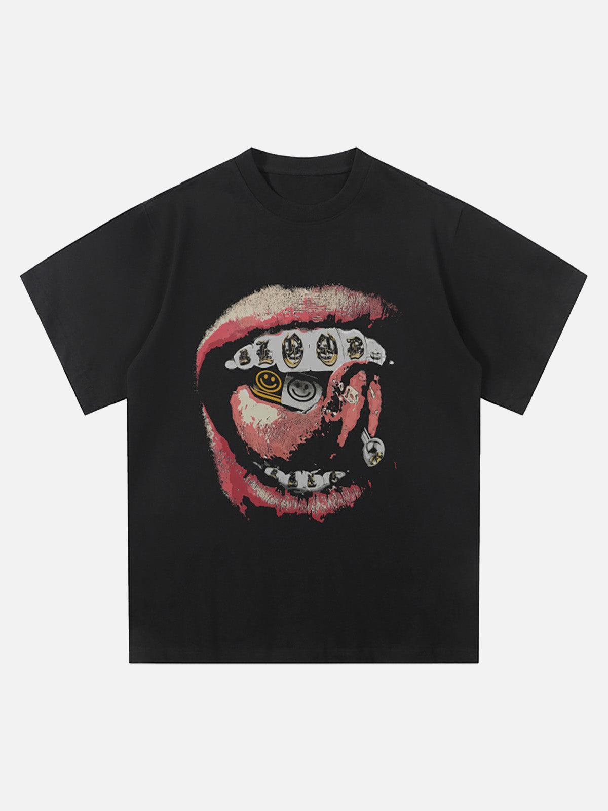 Concert Outfit Street Retro Washed Lip Print T-Shirt
