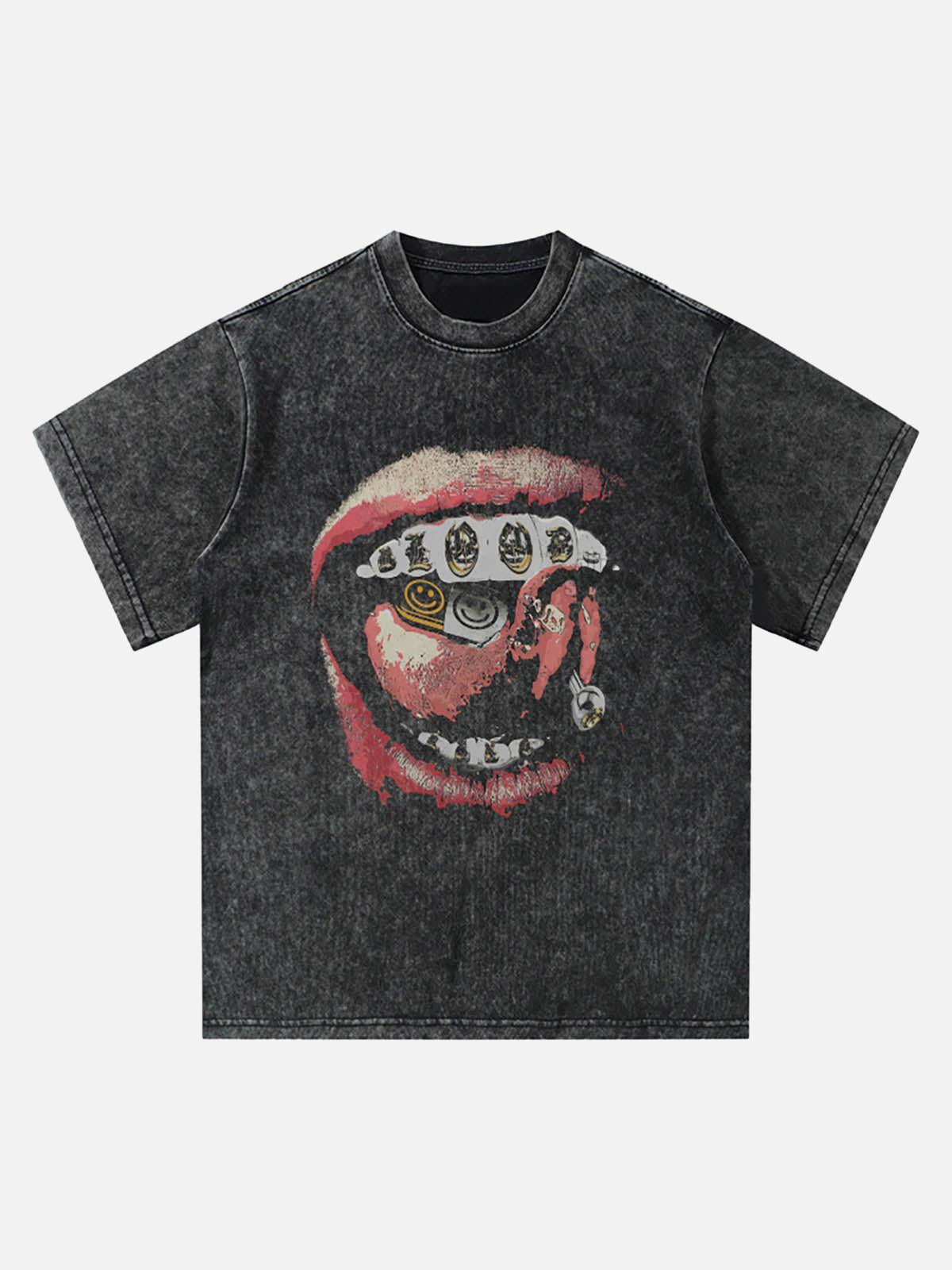 Concert Outfit Street Retro Washed Lip Print T-Shirt