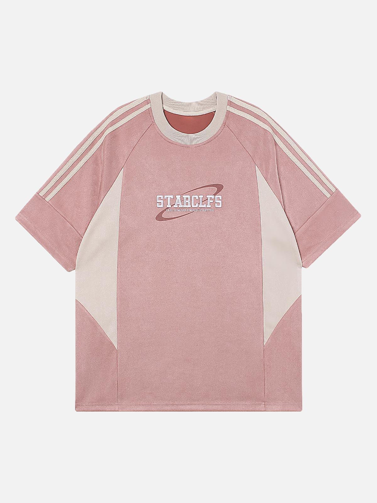 Concert Outfit Suede Contrast Color Spliced Letter Embroidery Oversize T-Shirt