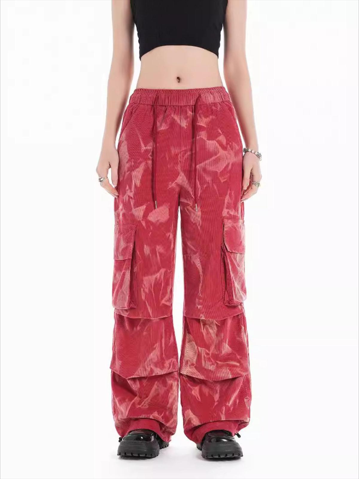 Concert Outfit Tie-Dye Pleated Corduroy Multi-Pocket Pants