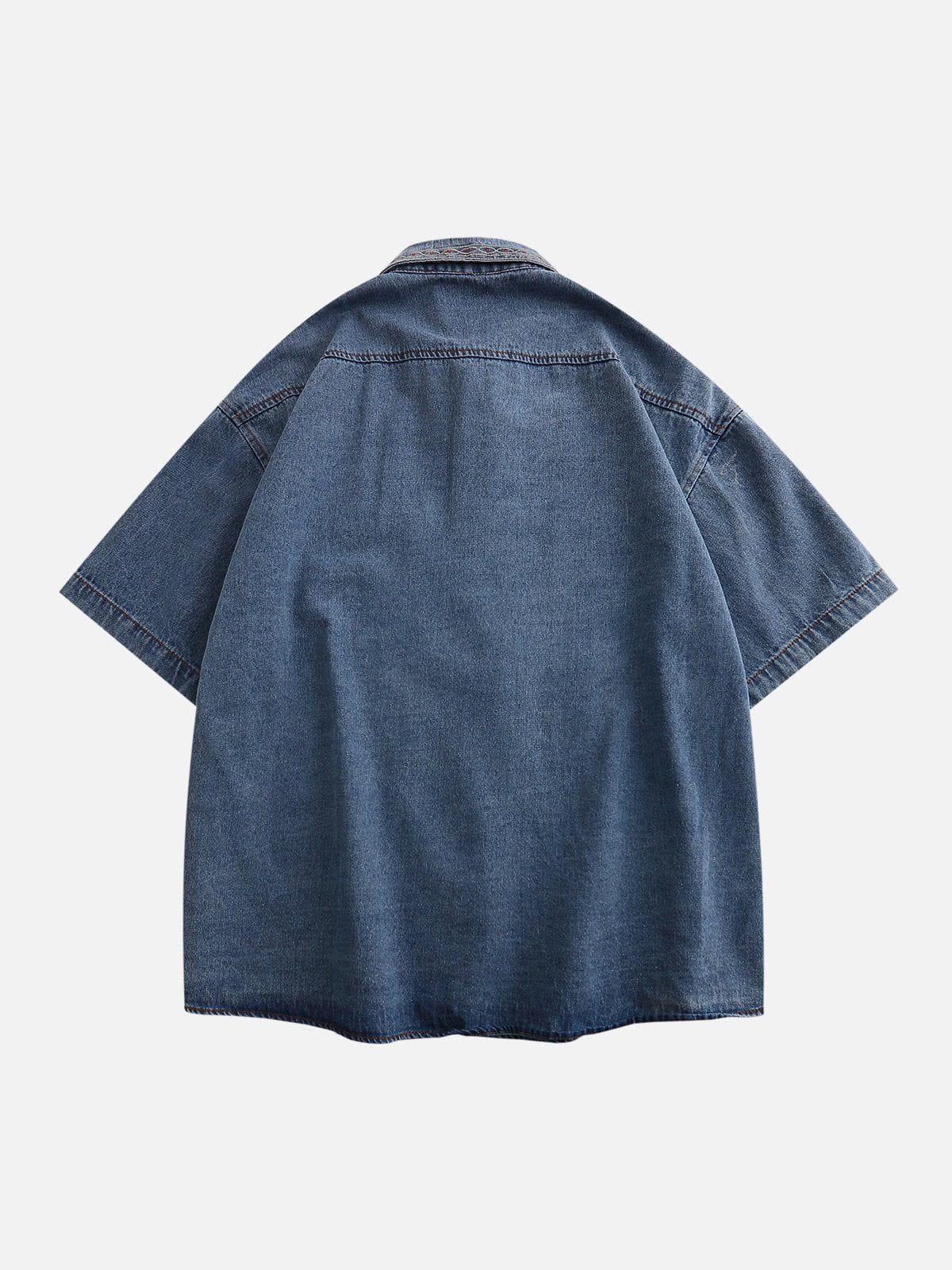 Concert Outfit Vintage Embroidered Denim Short Sleeve Shirt
