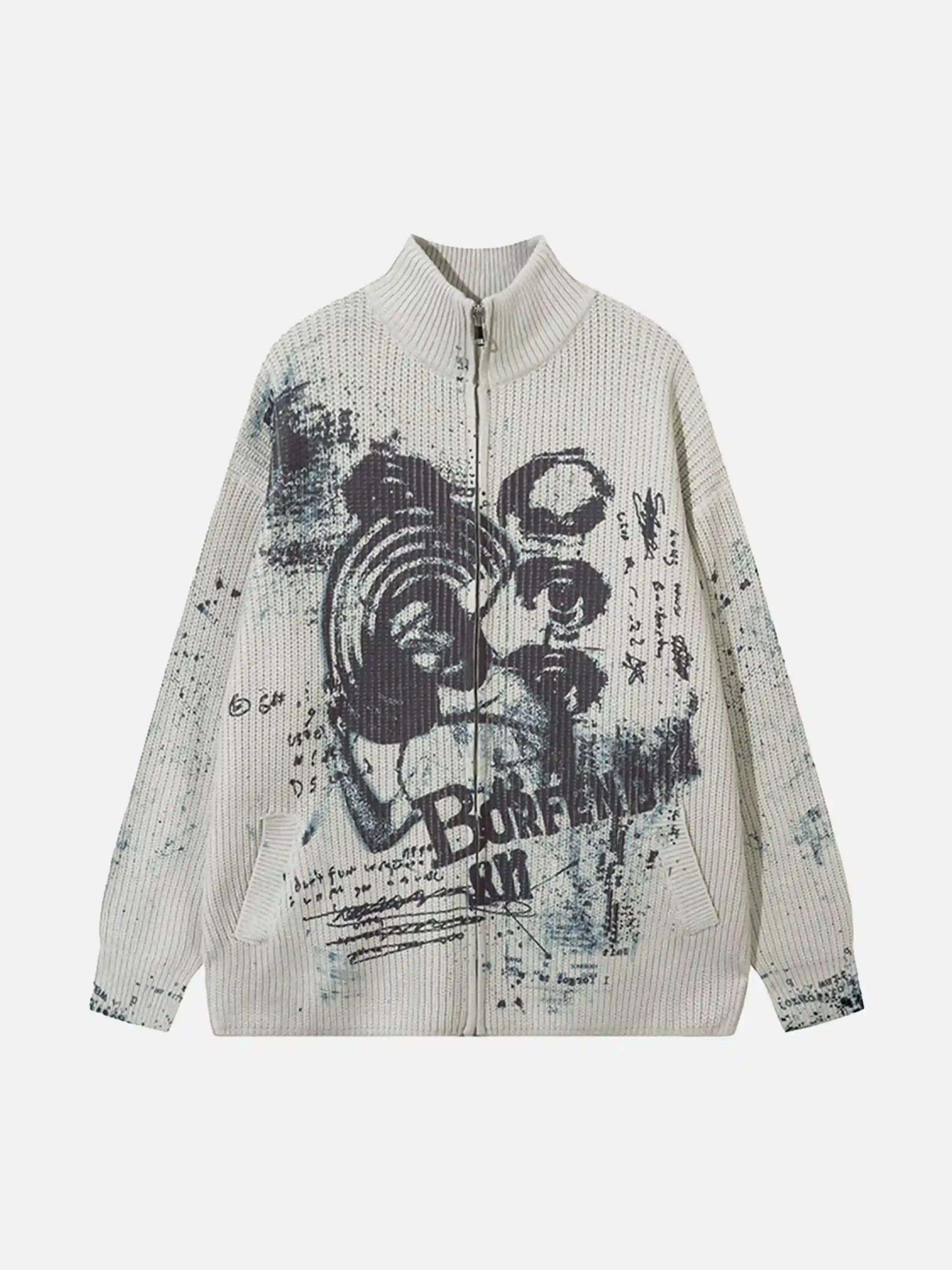 Concert Outfit Vintage Graffiti Zip-Up Cardigan