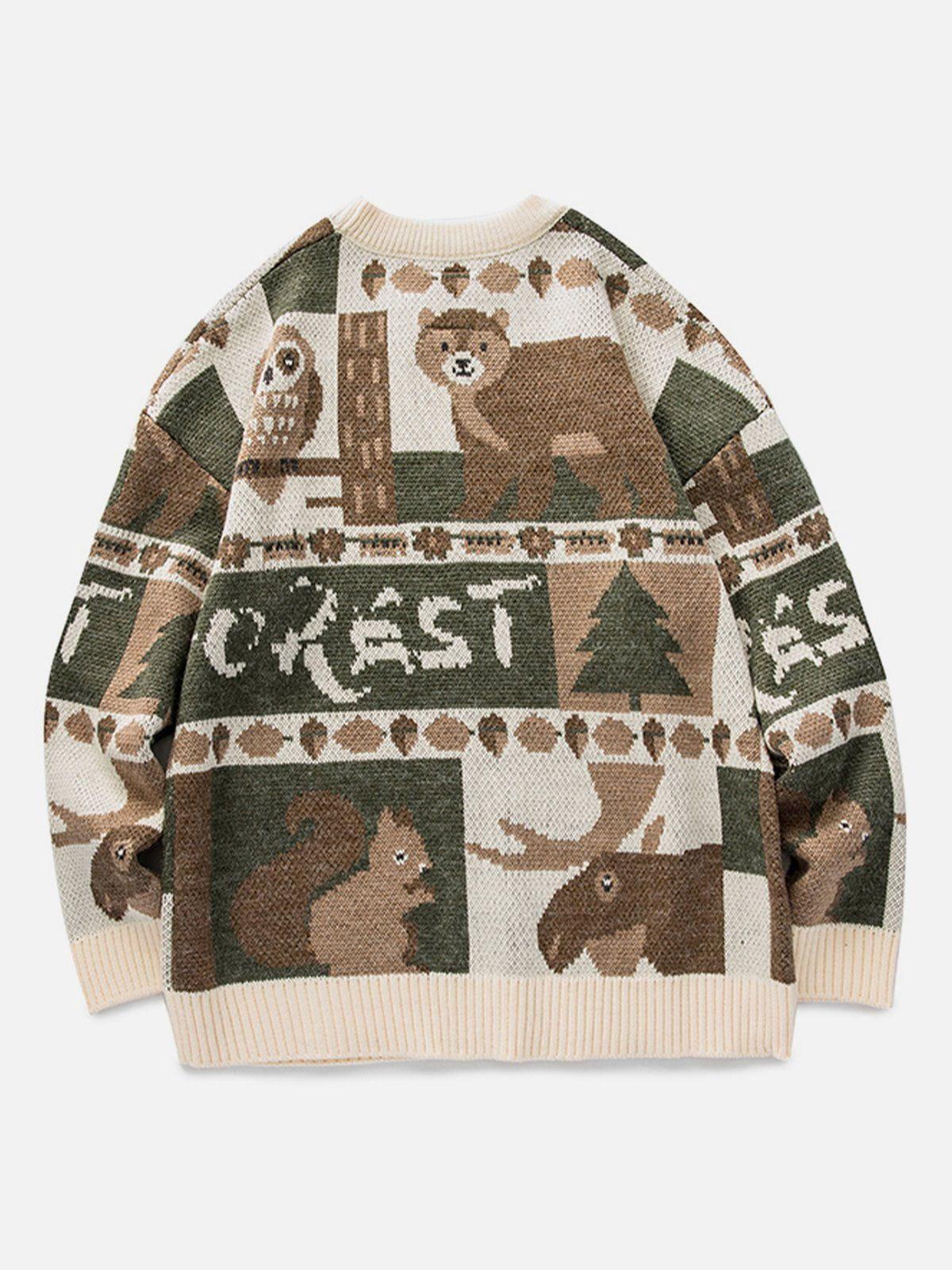 Concert Outfit Vintage Owl Bear Print Knitted Sweater
