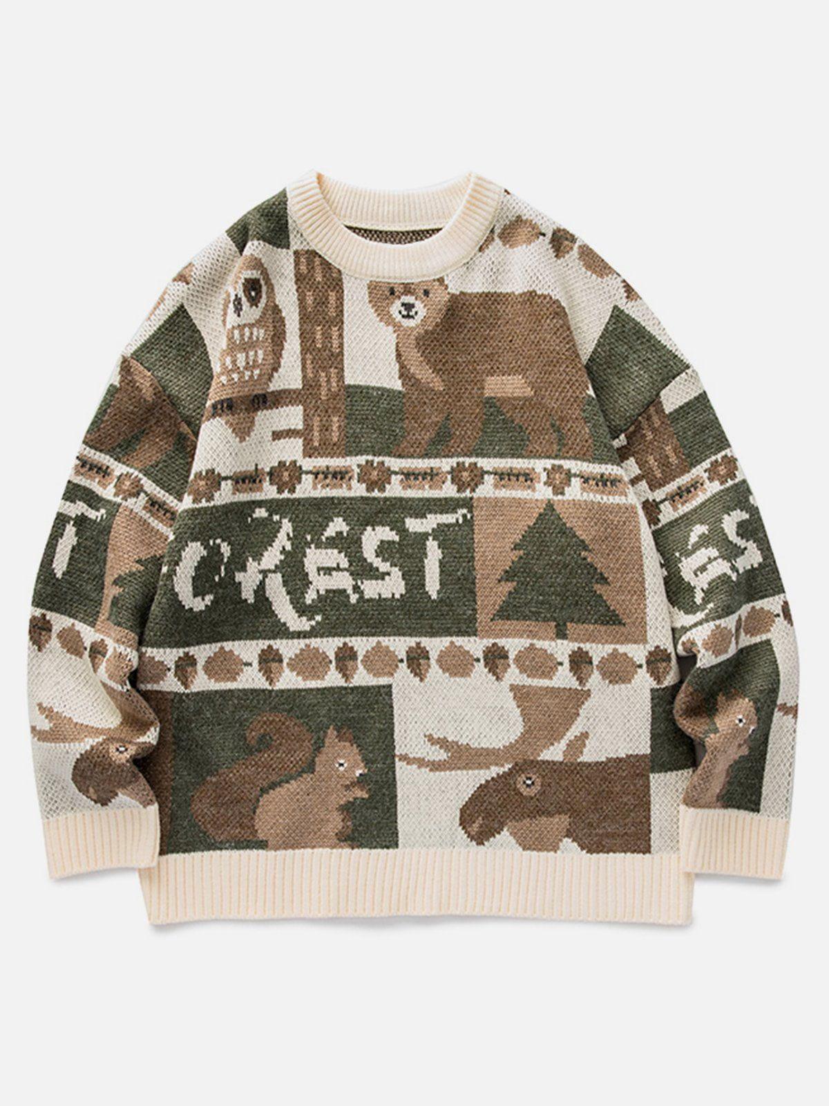 Concert Outfit Vintage Owl Bear Print Knitted Sweater