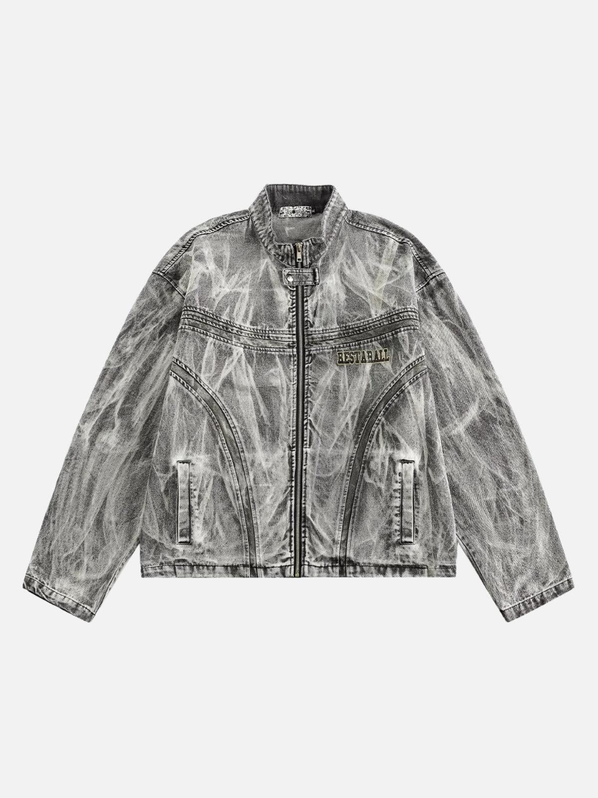 Concert Outfit Vintage Racing Distressed Print Zip-Up Collar Jacket