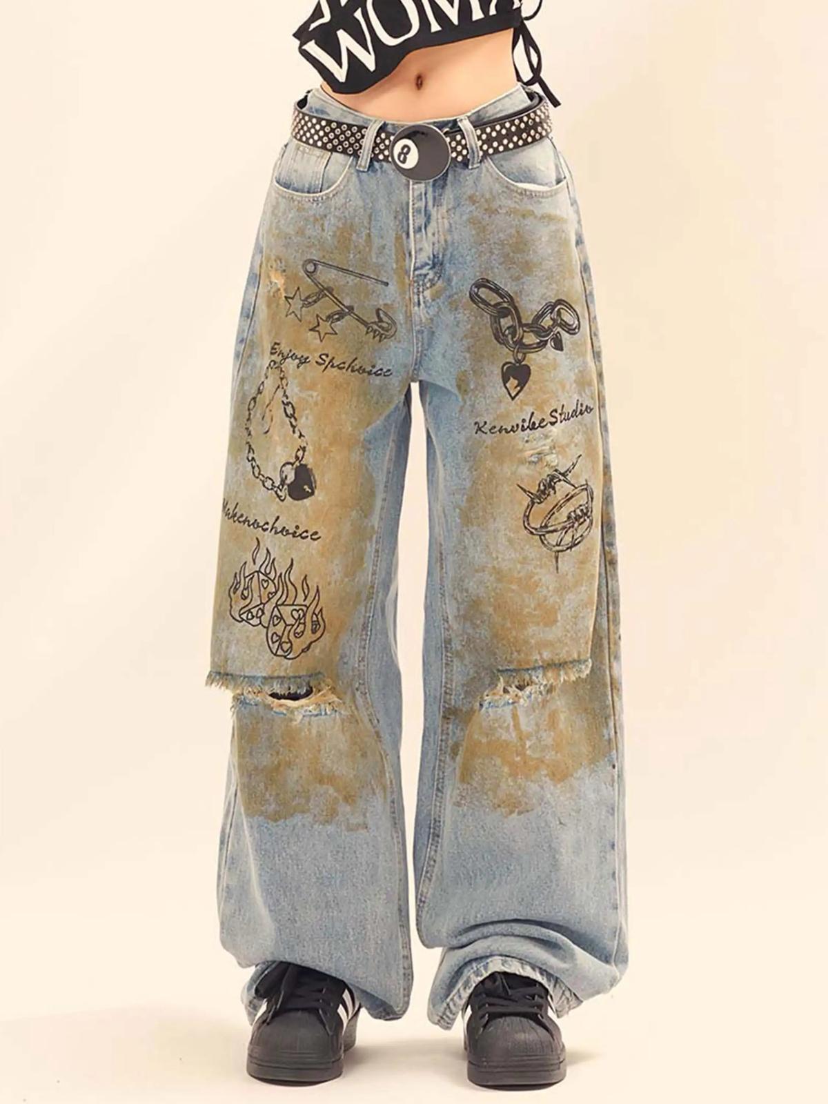 Concert Outfit Vintage Ripped Graffiti Jeans