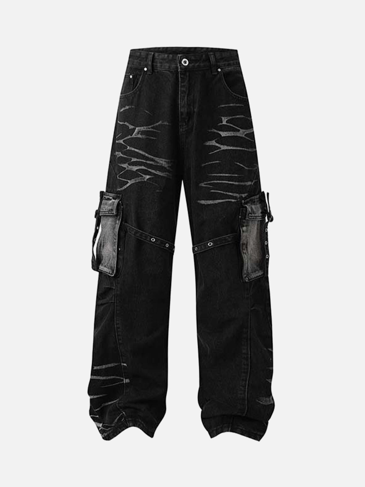 Concert Outfit Vintage Washed Distressed Multi Pocket Cargo Jeans