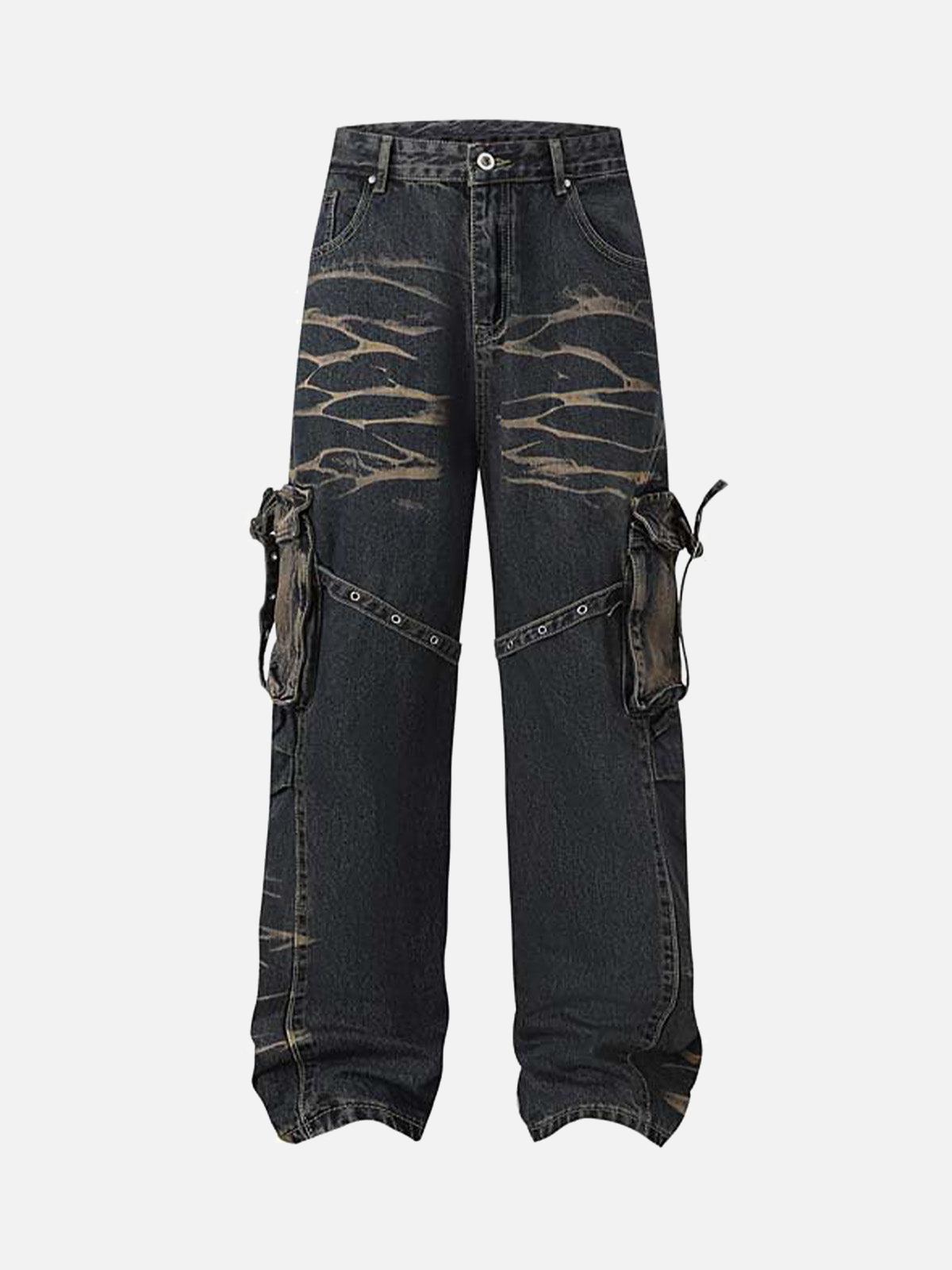 Concert Outfit Vintage Washed Distressed Multi Pocket Cargo Jeans
