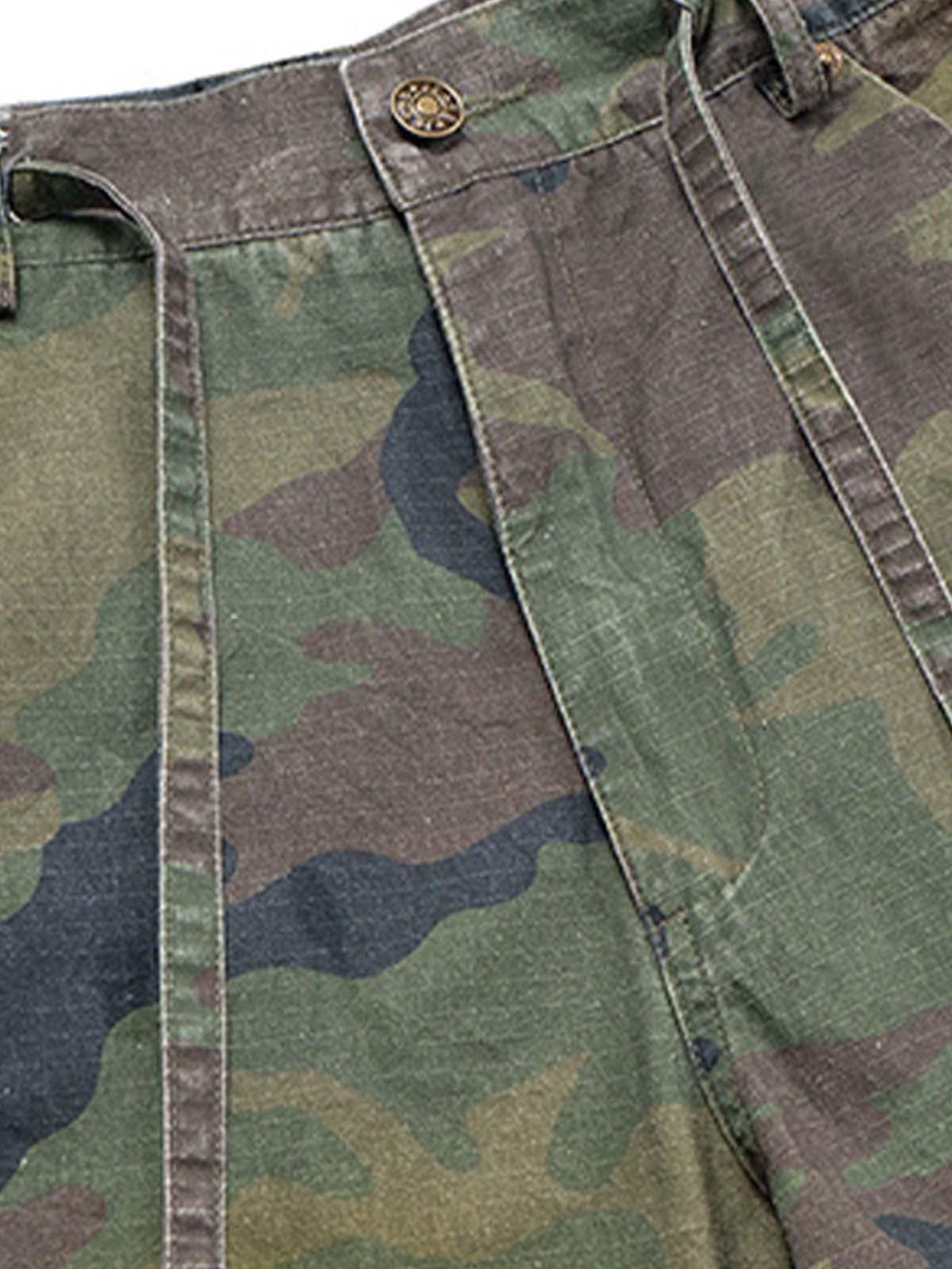 Concert Outfit Washed Destroyed Camouflage Drawstring Cargo Shorts