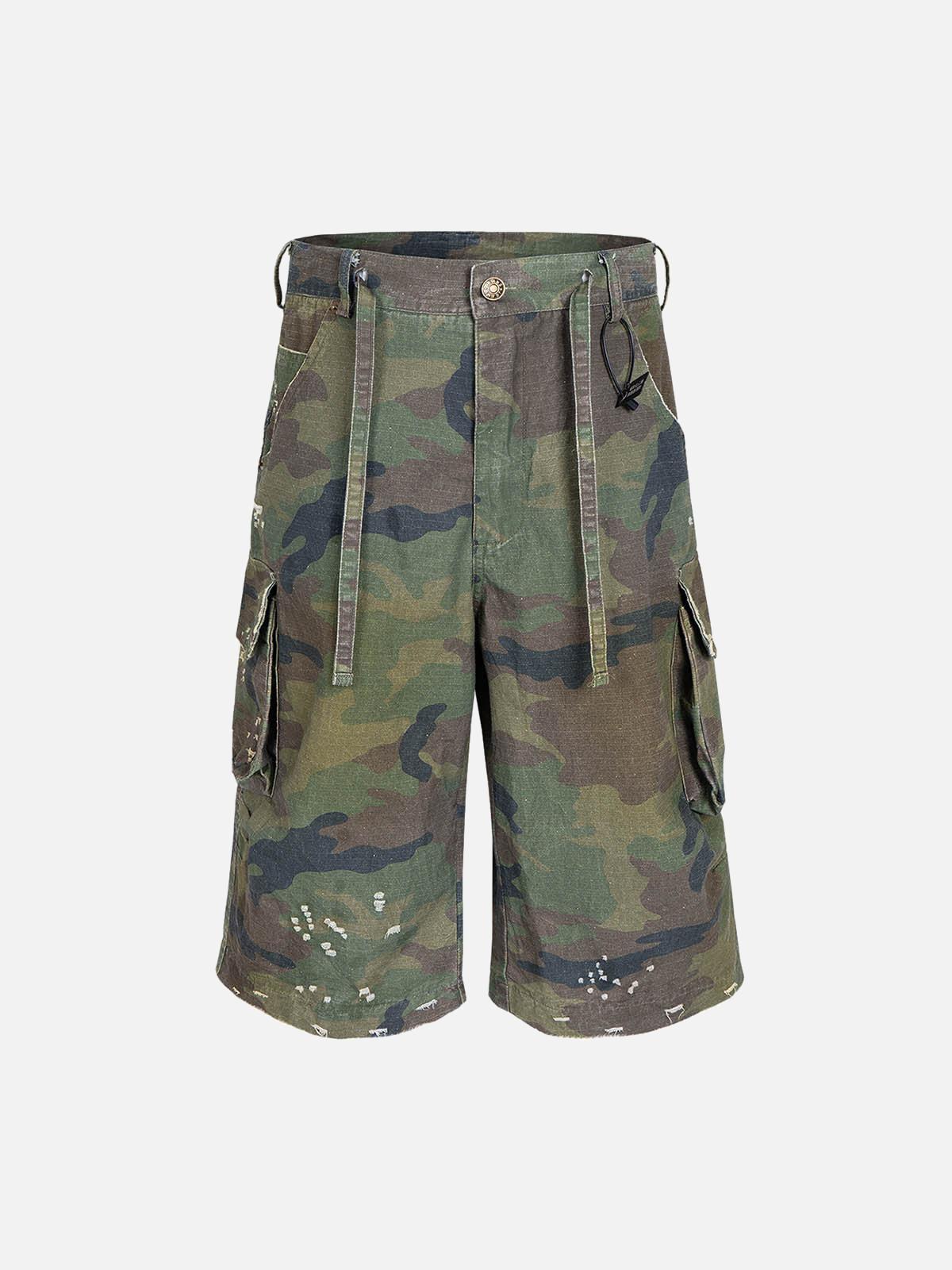 Concert Outfit Washed Destroyed Camouflage Drawstring Cargo Shorts