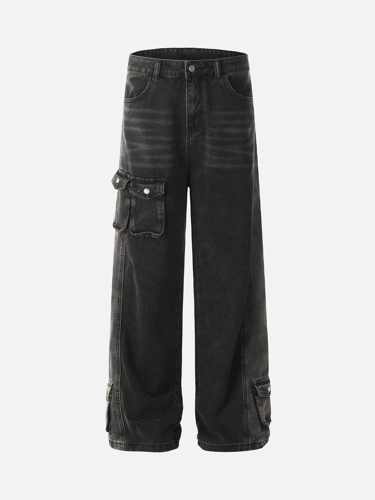 Concert Outfit Washed Distressed Multi-Pocket Straight Cargo Jeans