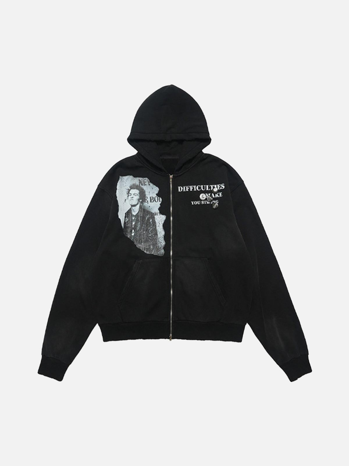 Concert Outfit Washed Distressed Retro Portrait Print Double Zipper Hoodie