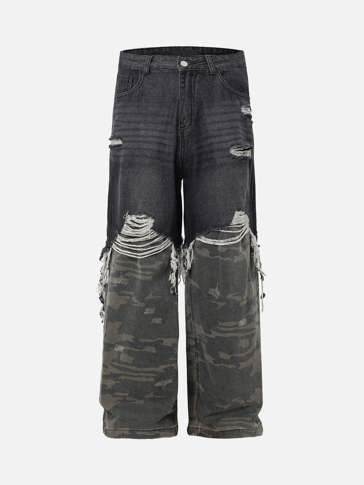 Concert Outfit Washed Distressed Stitching Camouflage Straight Jeans