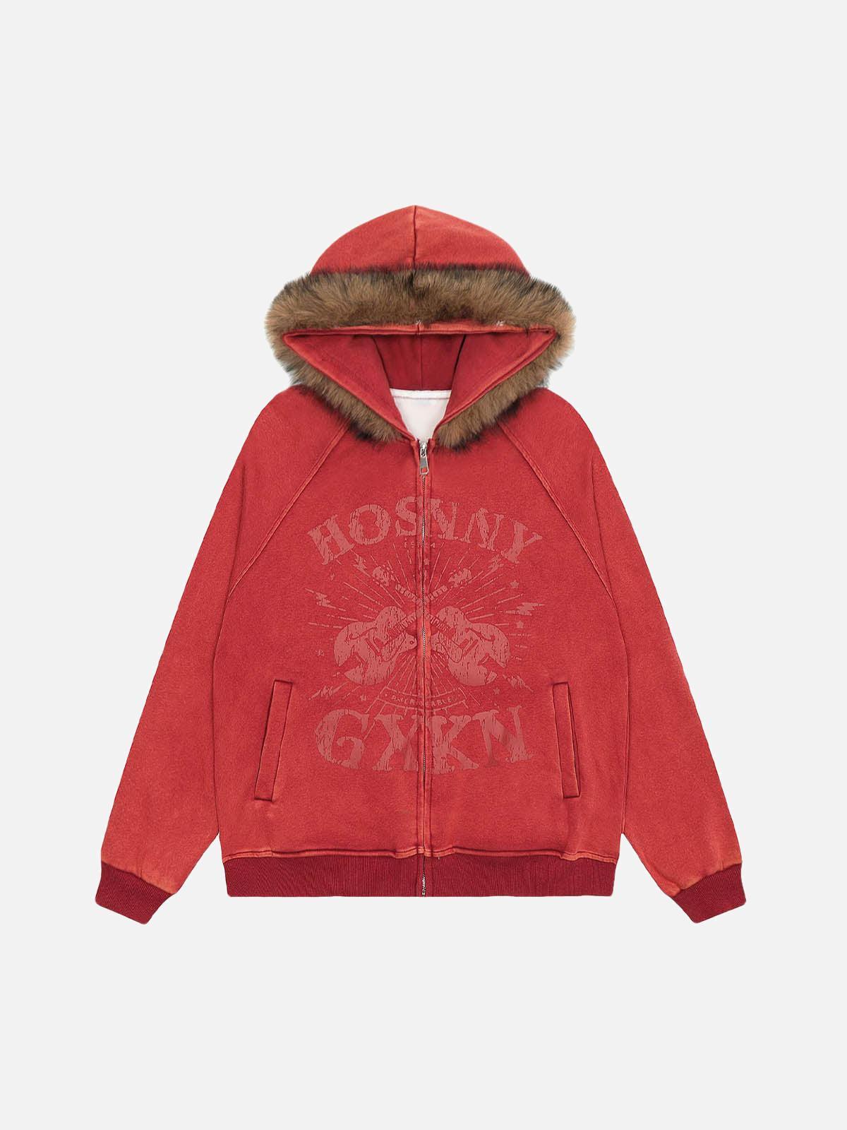 Concert Outfit Washed Fur Collar Zip Up Hoodie