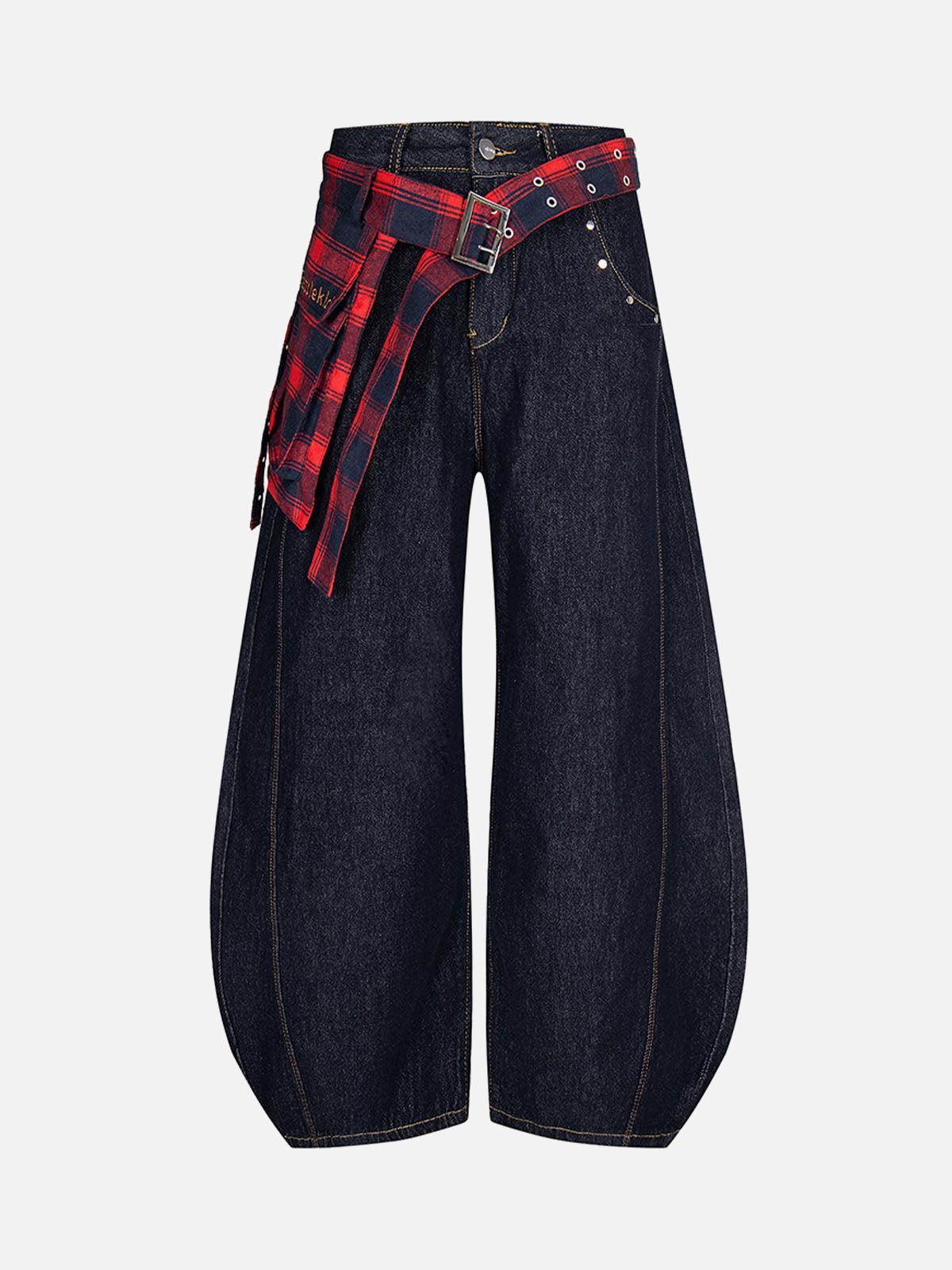 Concert Outfit Washed Plaid Belt Barrel Jeans