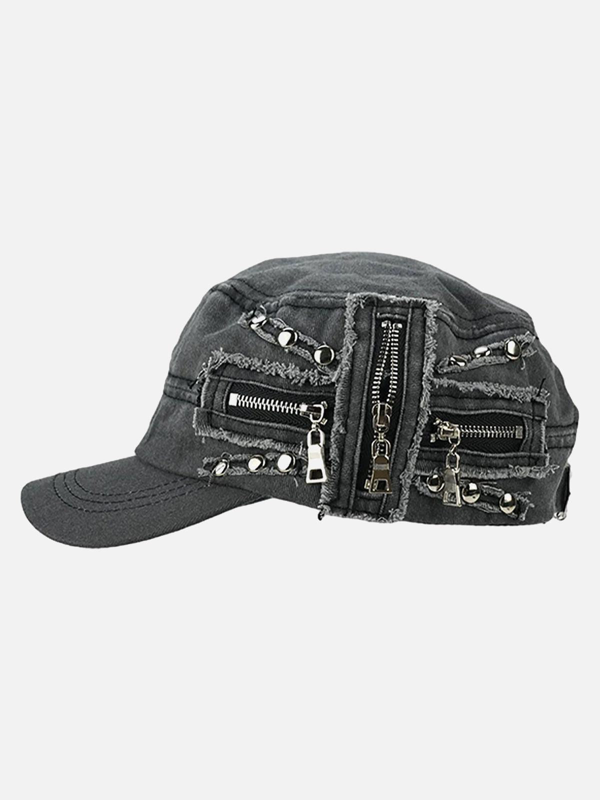 Concert Outfit Washed Rivet Zipper Flat Top Cap