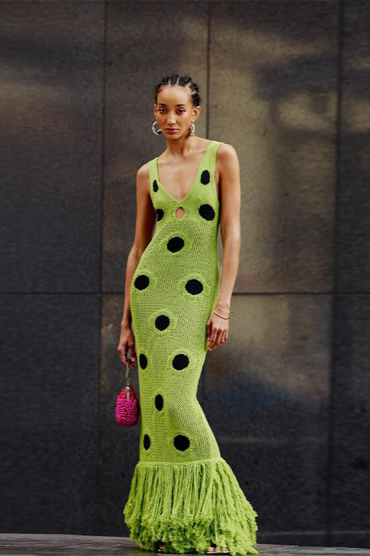 Concert- Ready, Polka Dot Knit Fringe Hem Maxi Dress