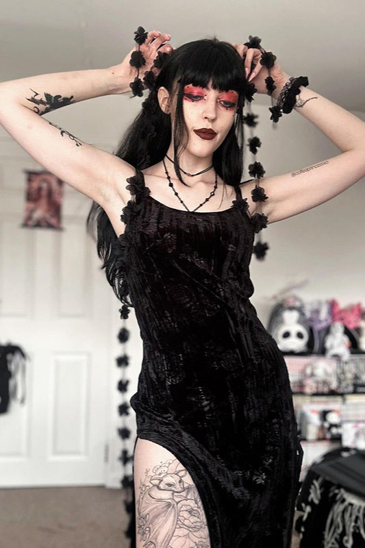 Core Going Out Outfits, Floral Velvet Strap Gothic Dress