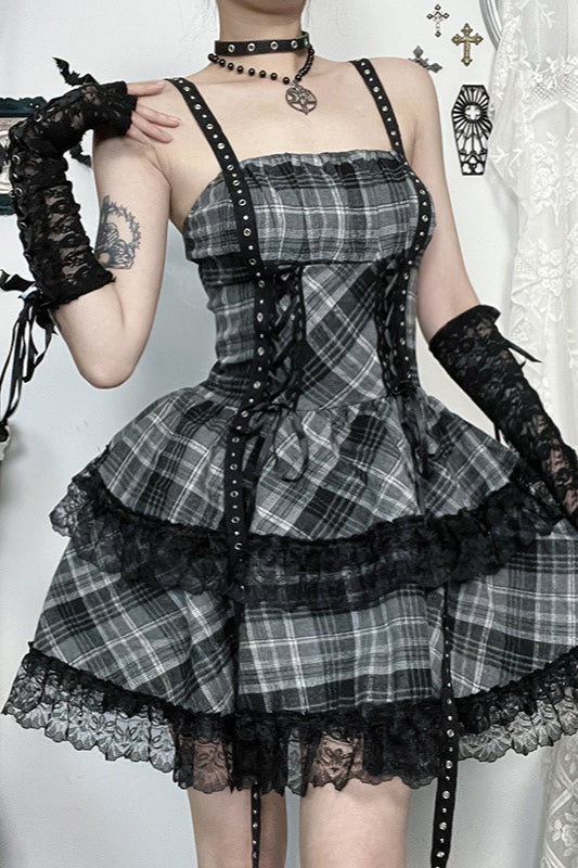 Core Going Out Outfits, Y2K Checkered Gothic Dress