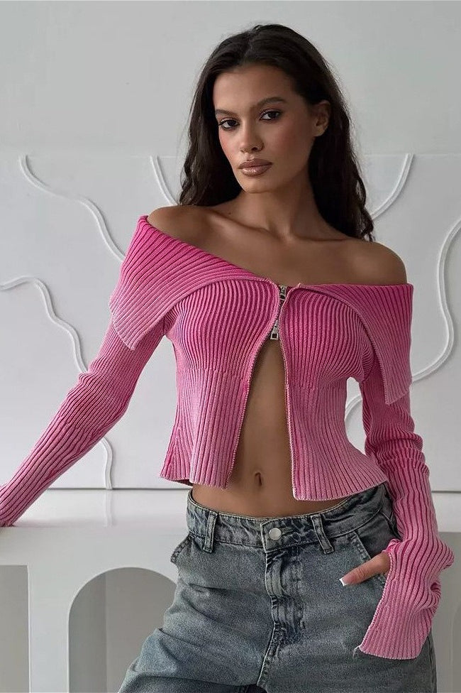 Core s Outfit Ideas, Off Shoulder Zipper Fitted Knit Blo