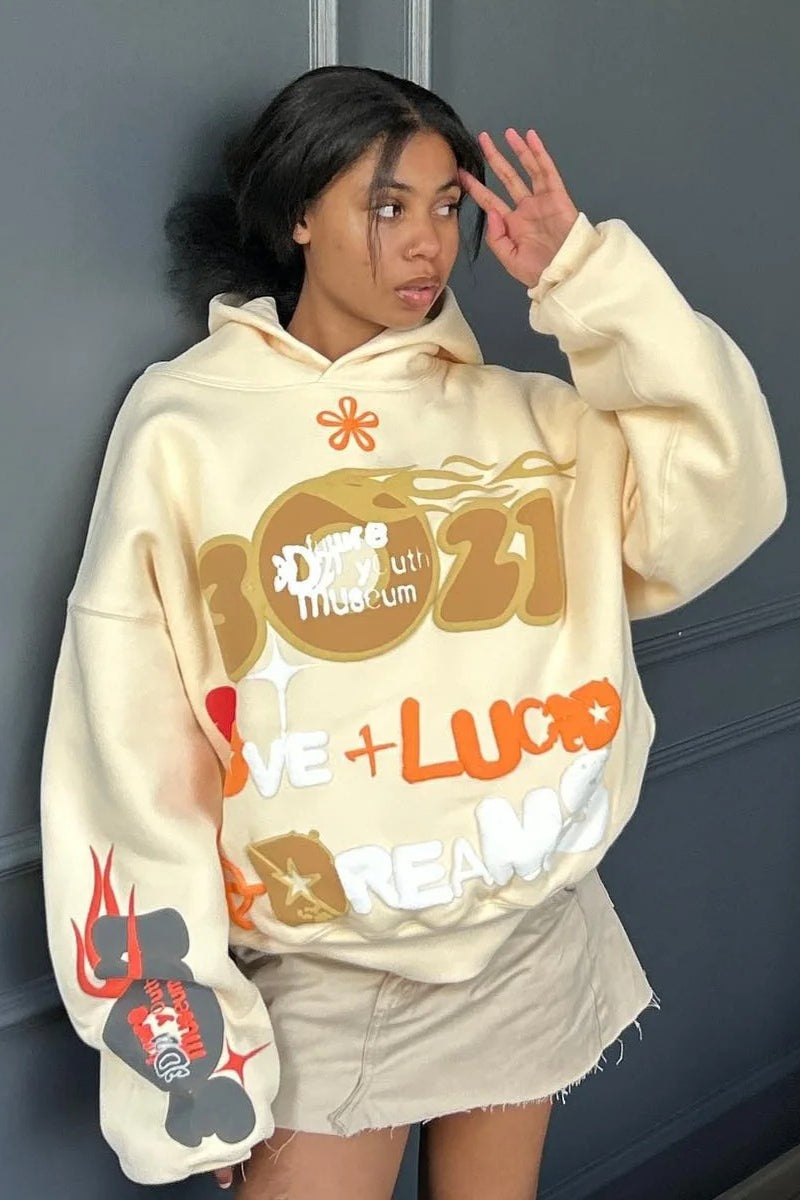 Winter, Oversized Letter Puff Print Hoodie