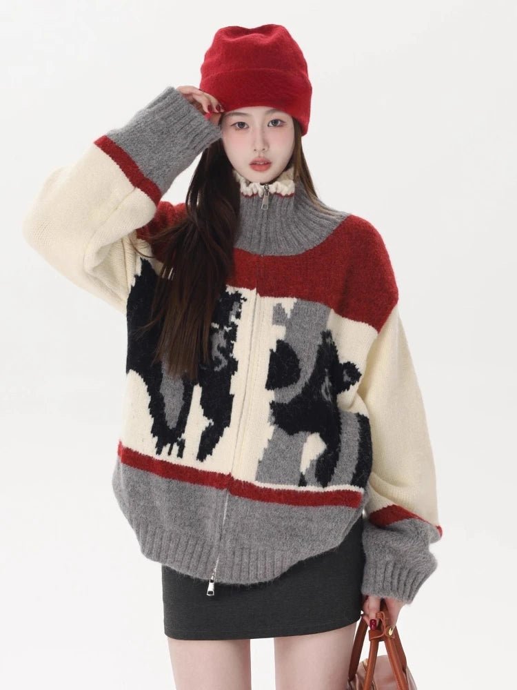 New Style Trends - Abstract Retro Knit Zip-Up Cardigan - Outfit Ideas