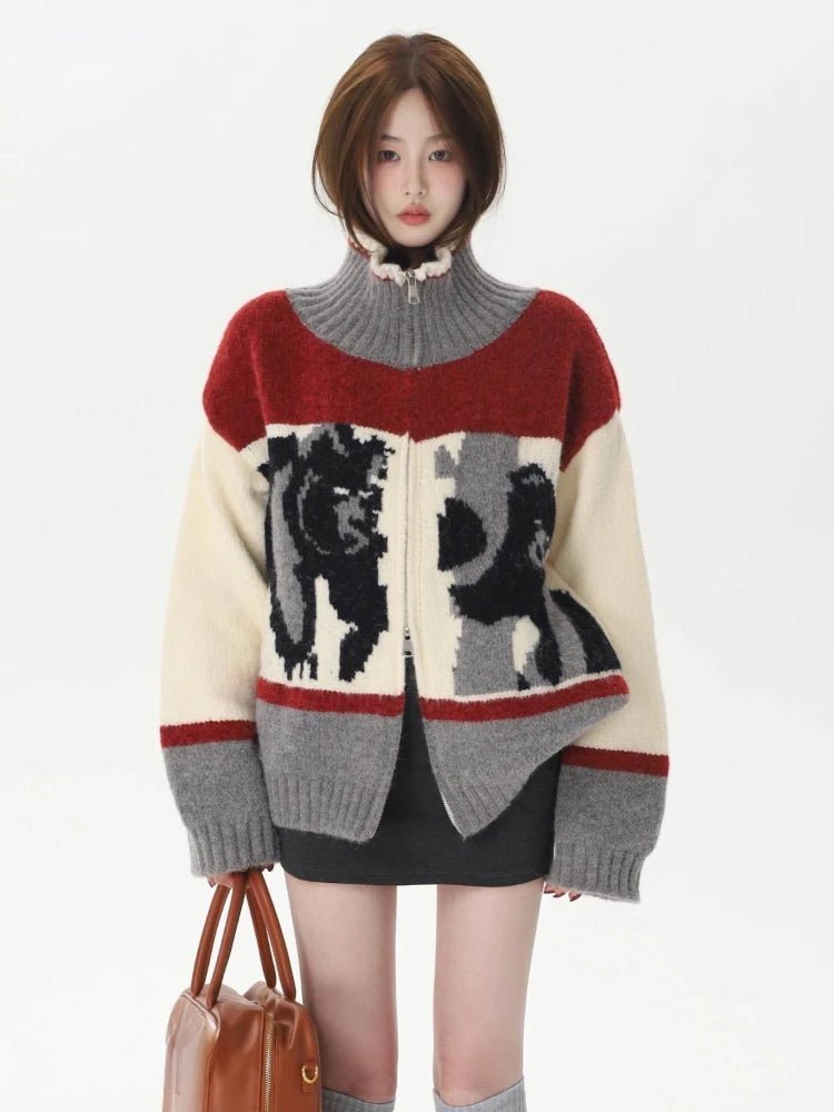 New Style Trends - Abstract Retro Knit Zip-Up Cardigan - Outfit Ideas