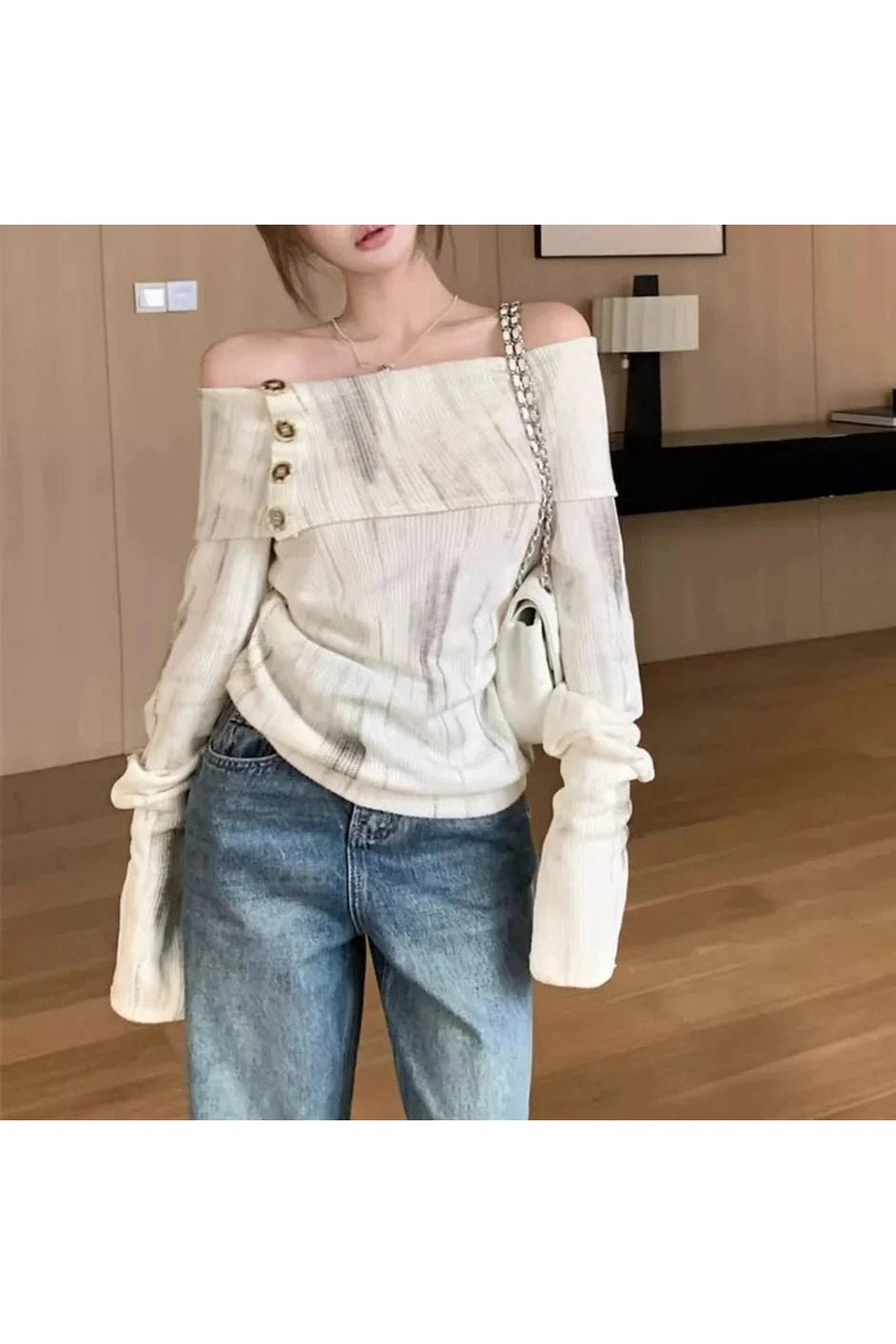 New Style Trends - Acubi Style Off-Shoulder Buttoned Knit Top - Outfit Ideas