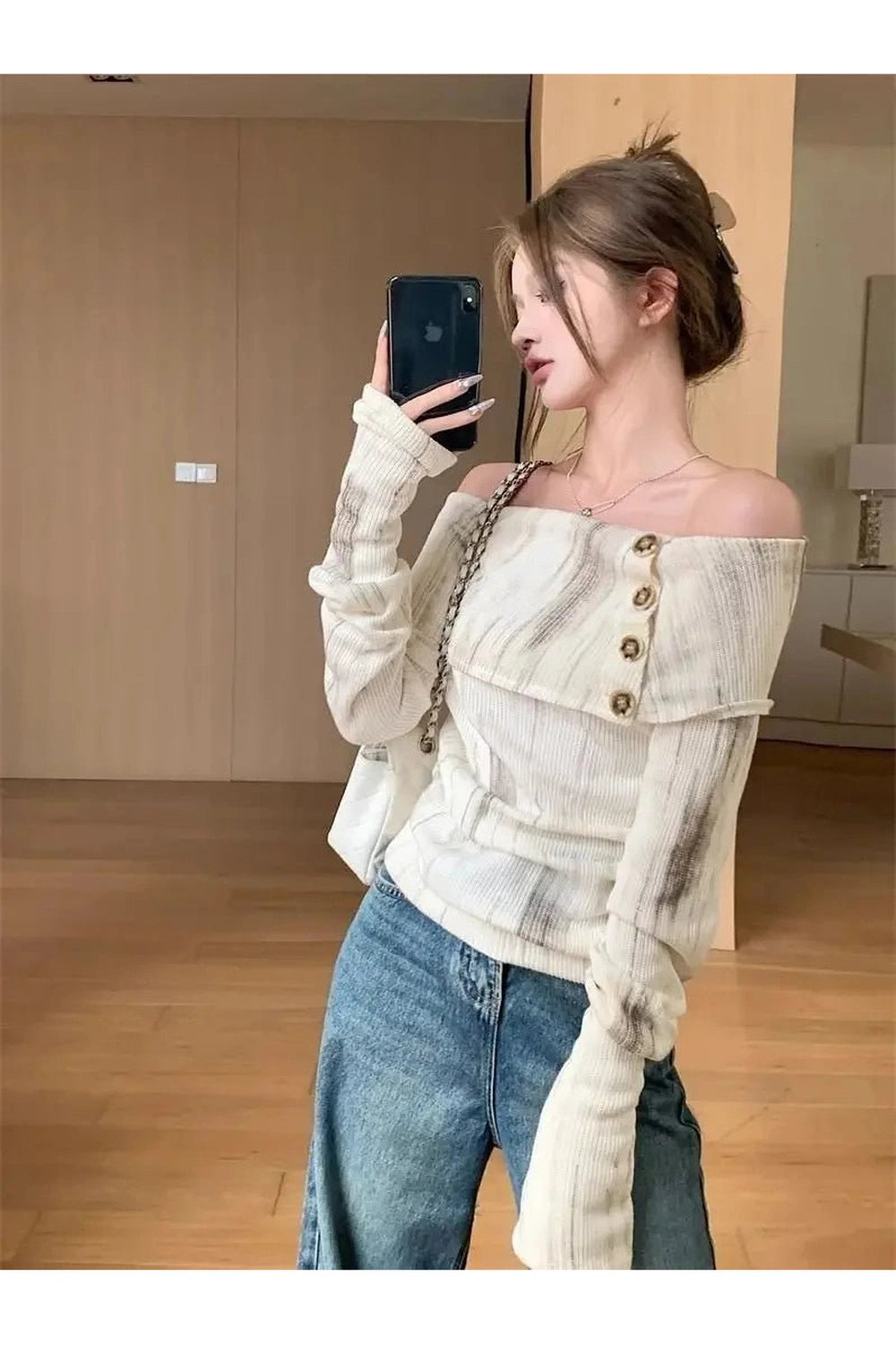 New Style Trends - Acubi Style Off-Shoulder Buttoned Knit Top - Outfit Ideas