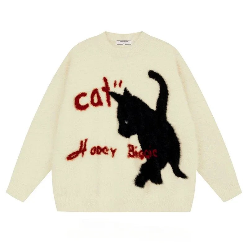 New Style Trends - Aesthetic Fuzzy Black Cat Knit Sweater - Outfit Ideas