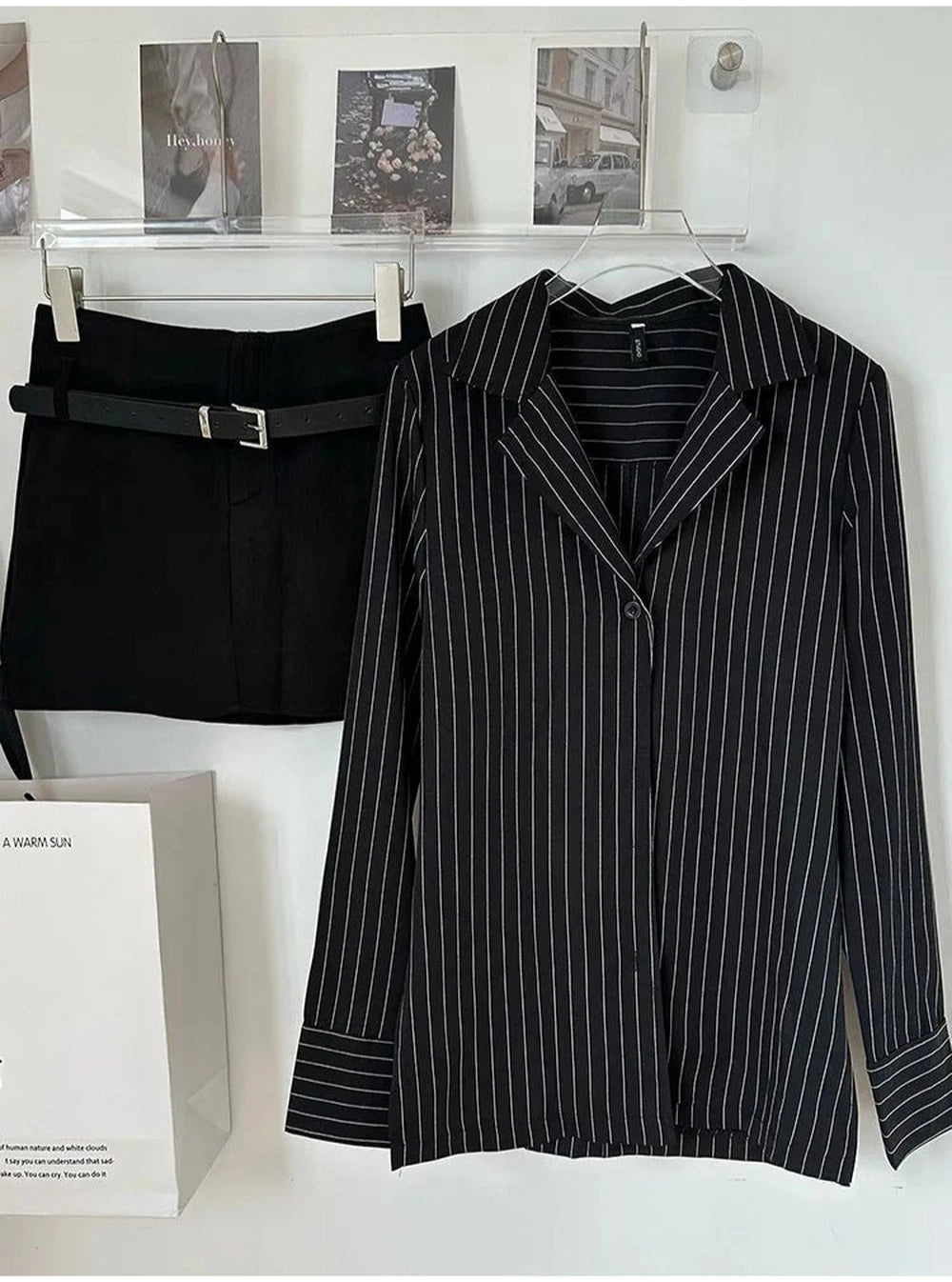 New Style Trends - Aesthetic Pinstripe Power Blazer and Skirt Outfit Set - Outfit Ideas