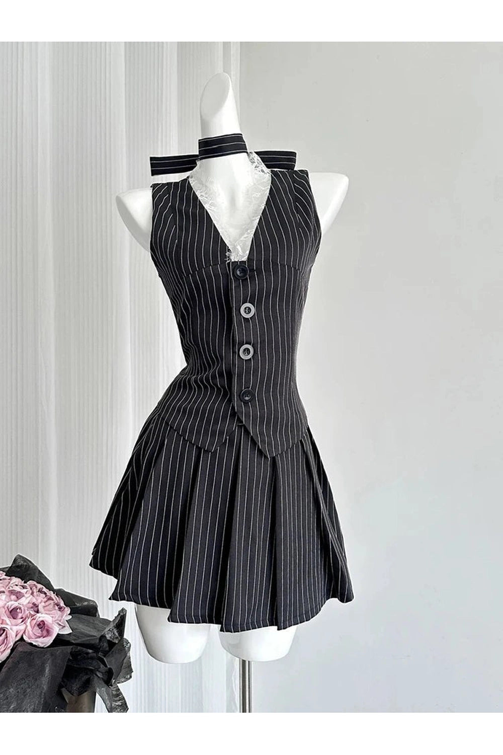 New Style Trends - Aesthetic Pinstripe Vest and Skirt Outfit Set - Outfit Ideas