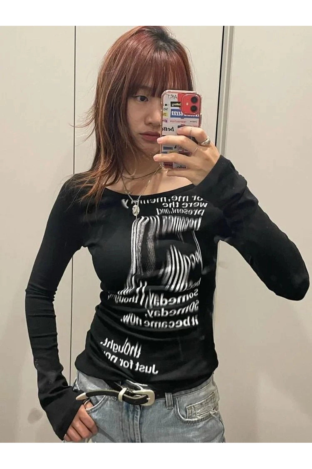 New Style Trends - Alt Distorted Text Print Long Sleeve Top - Outfit Ideas