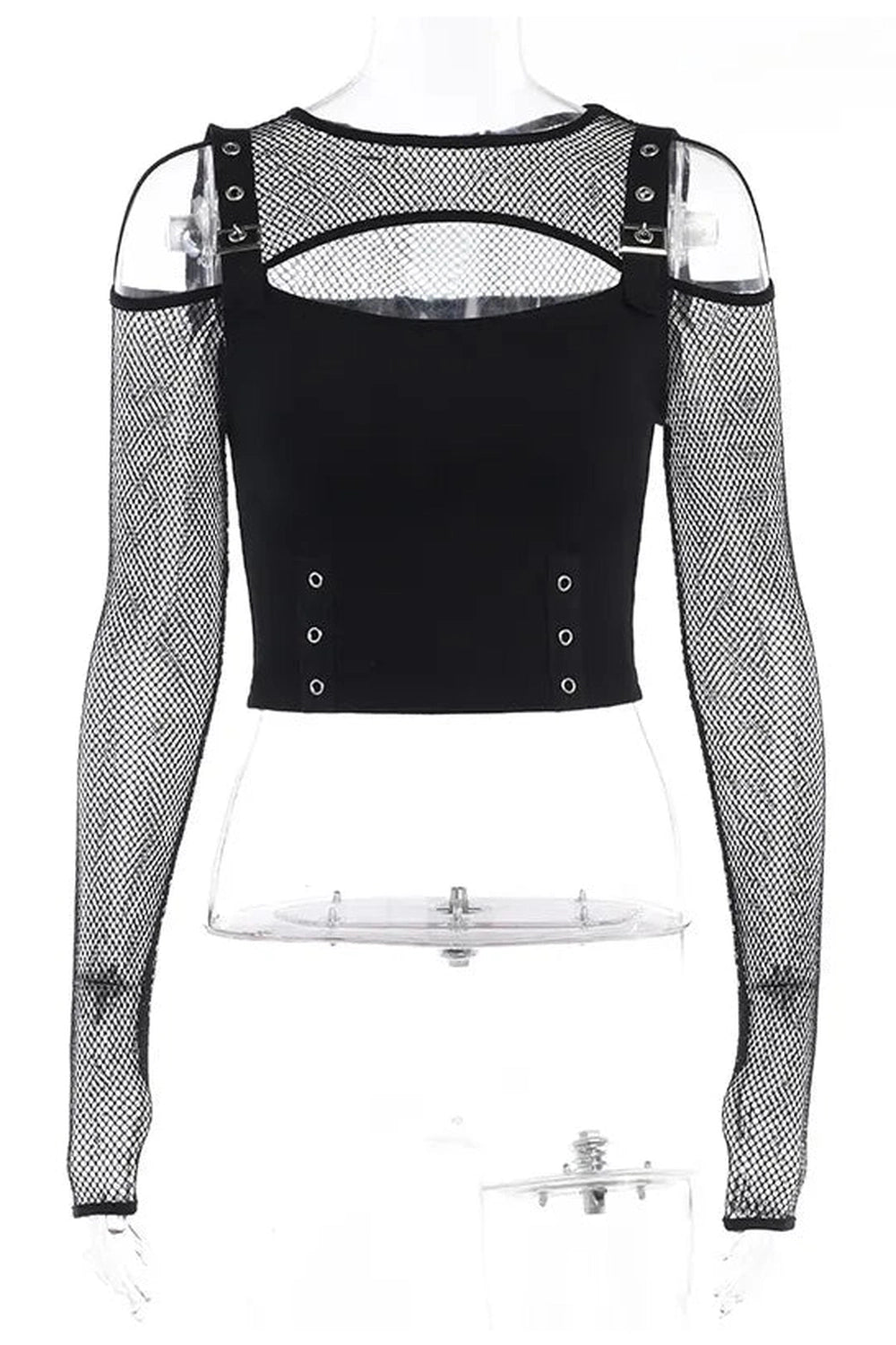 New Style Trends - Alt Fishnet Patchwork Buckle Crop Top - Outfit Ideas