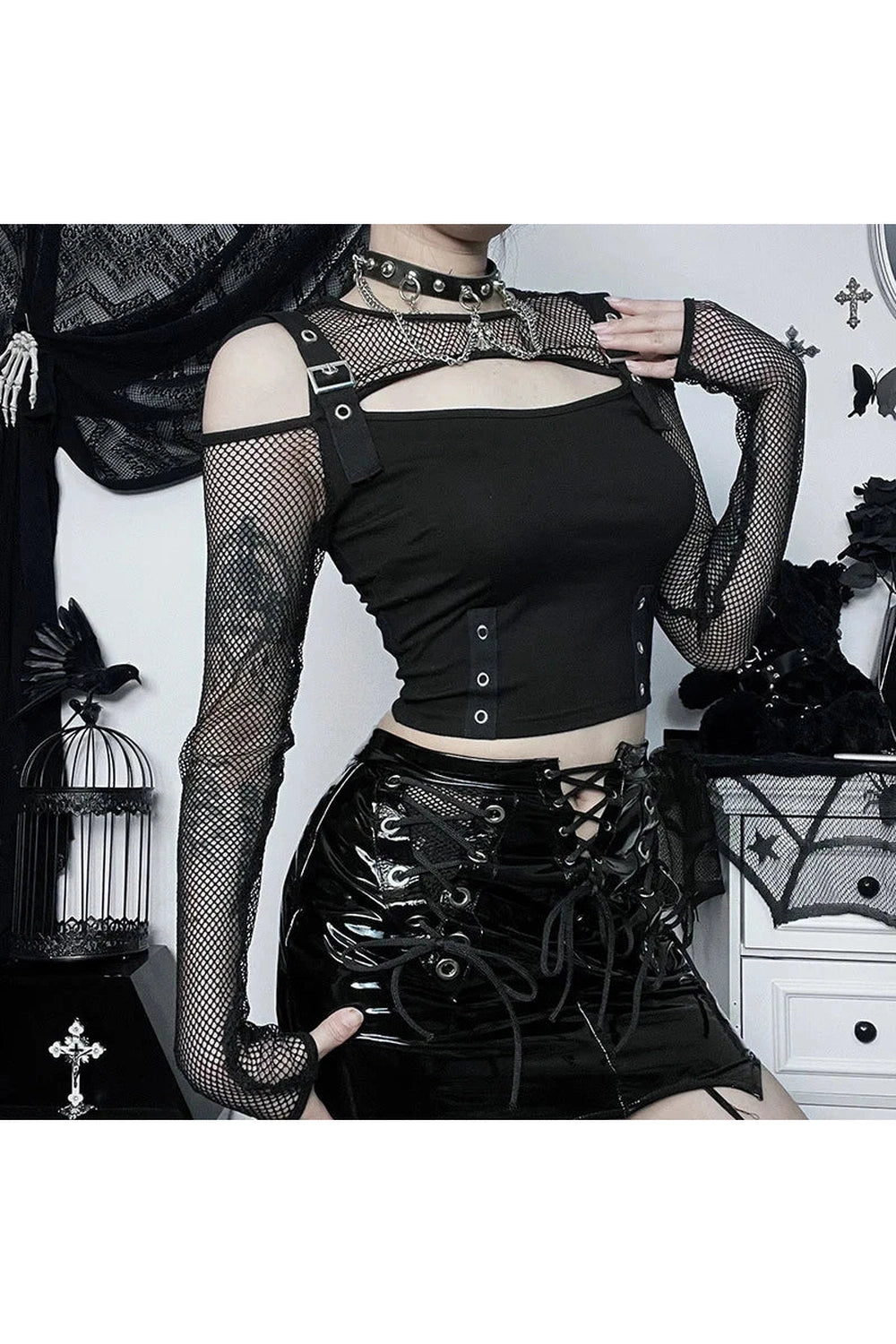 New Style Trends - Alt Fishnet Patchwork Buckle Crop Top - Outfit Ideas