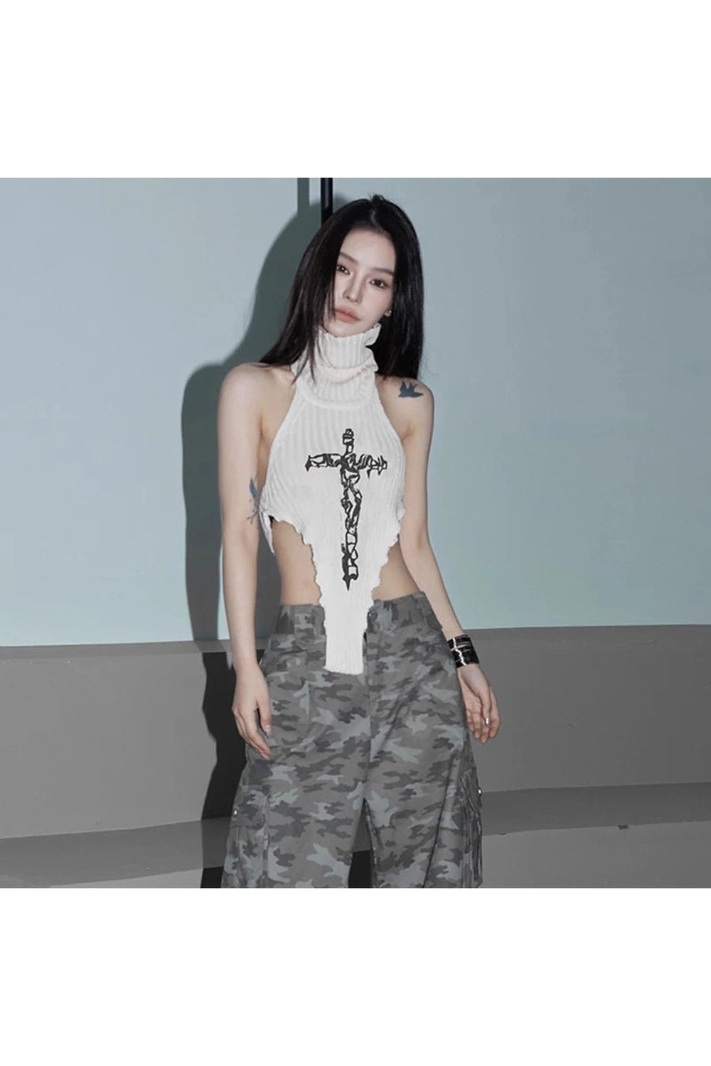 New Style Trends - Alt Goth Cross Halter Knit Top - Outfit Ideas