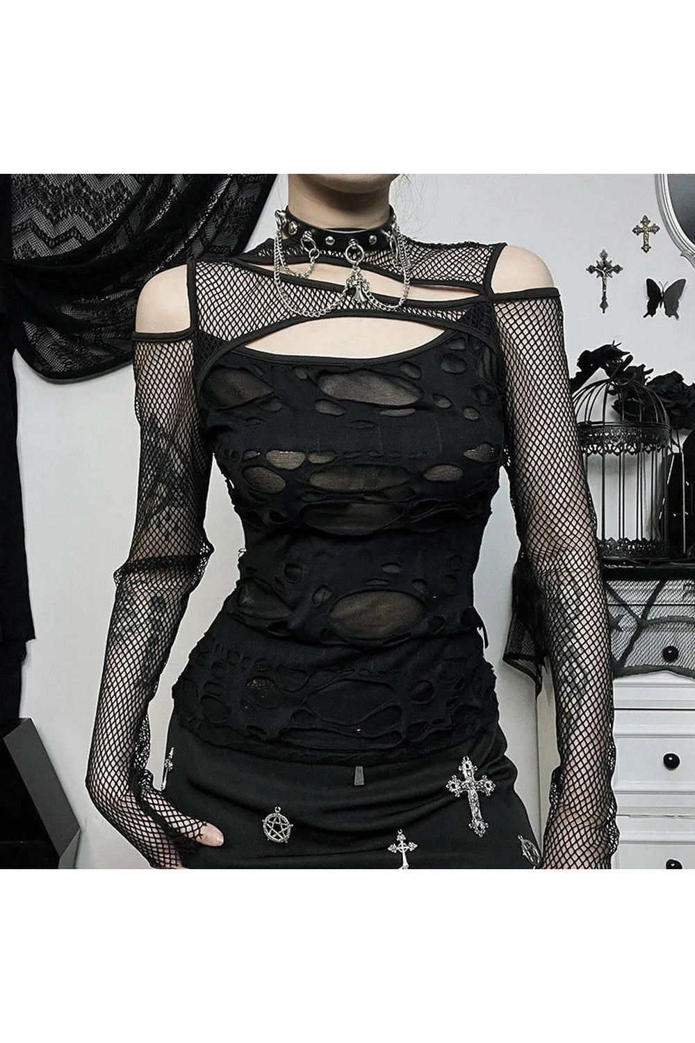 New Style Trends - Alt Gothic Mesh Hole Fishnet Blouse - Outfit Ideas
