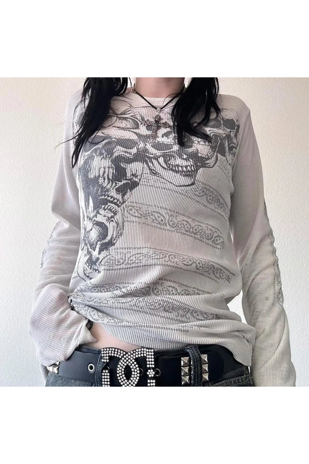 New Style Trends - Alt Skeleton Print Long Sleeve Mesh Top - Outfit Ideas
