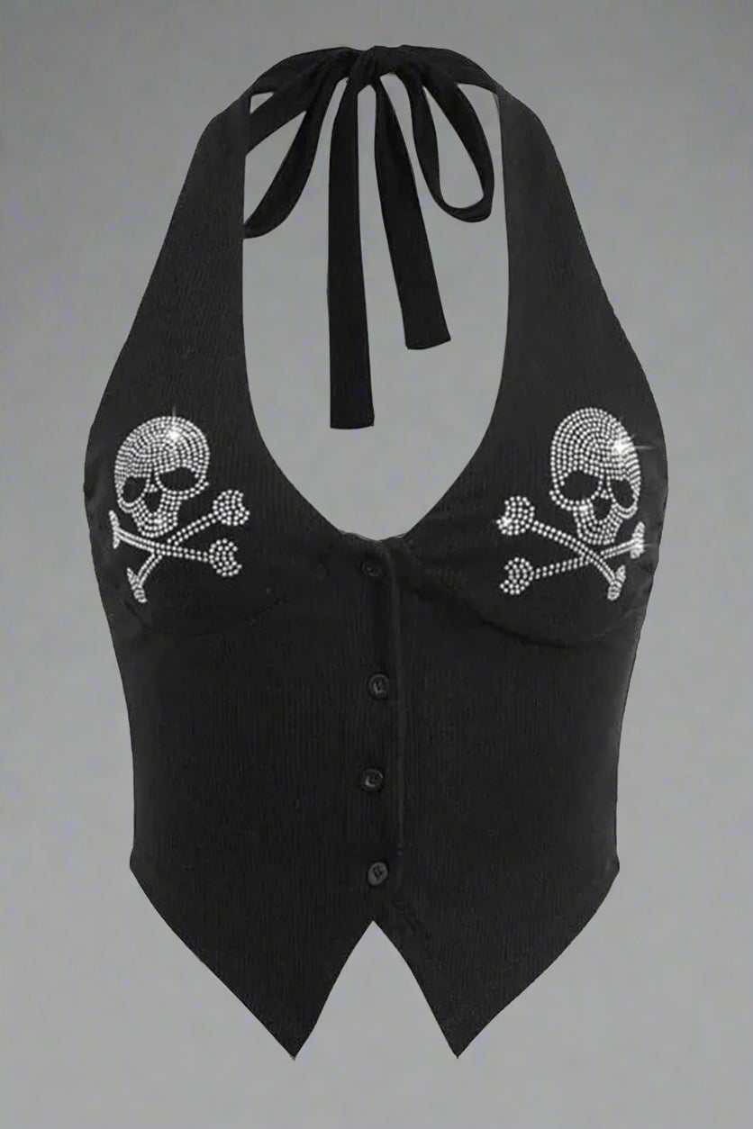 New Style Trends - Alt Skull Rhinestone Halter Crop Top - Outfit Ideas