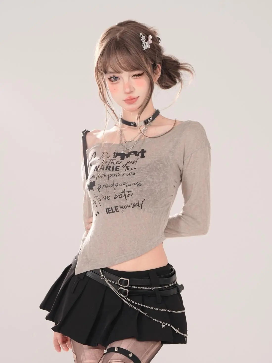 New Style Trends - Broken Script Off-Shoulder Alt Long Sleeve Top - Outfit Ideas