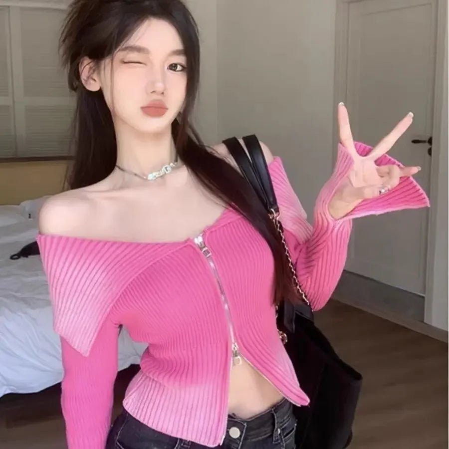 New Style Trends - Bubblegum Aesthetic Zip-Up Off-Shoulder Top - Outfit Ideas