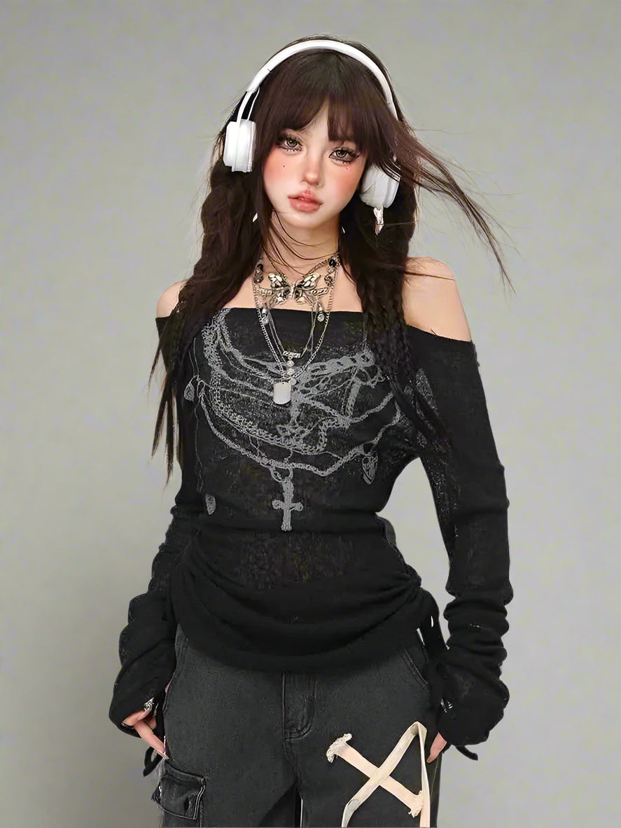New Style Trends - Chains of Midnight Edgy Off-Shoulder Top - Outfit Ideas