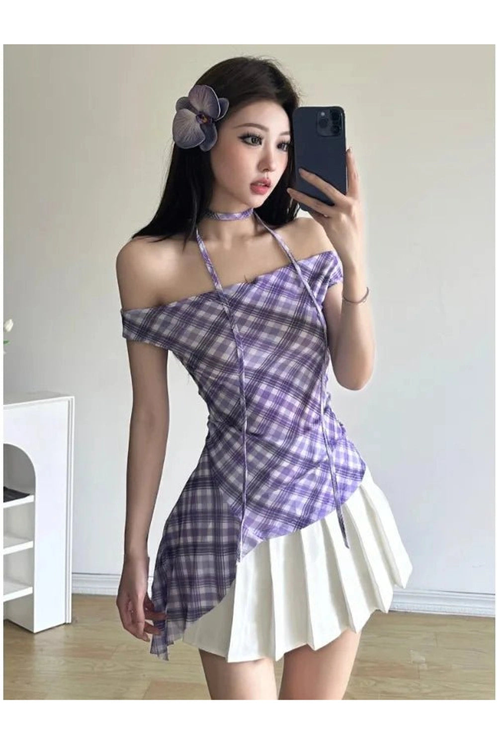 New Style Trends - Coquette Asymmetric Plaid Halter Blouse - Outfit Ideas
