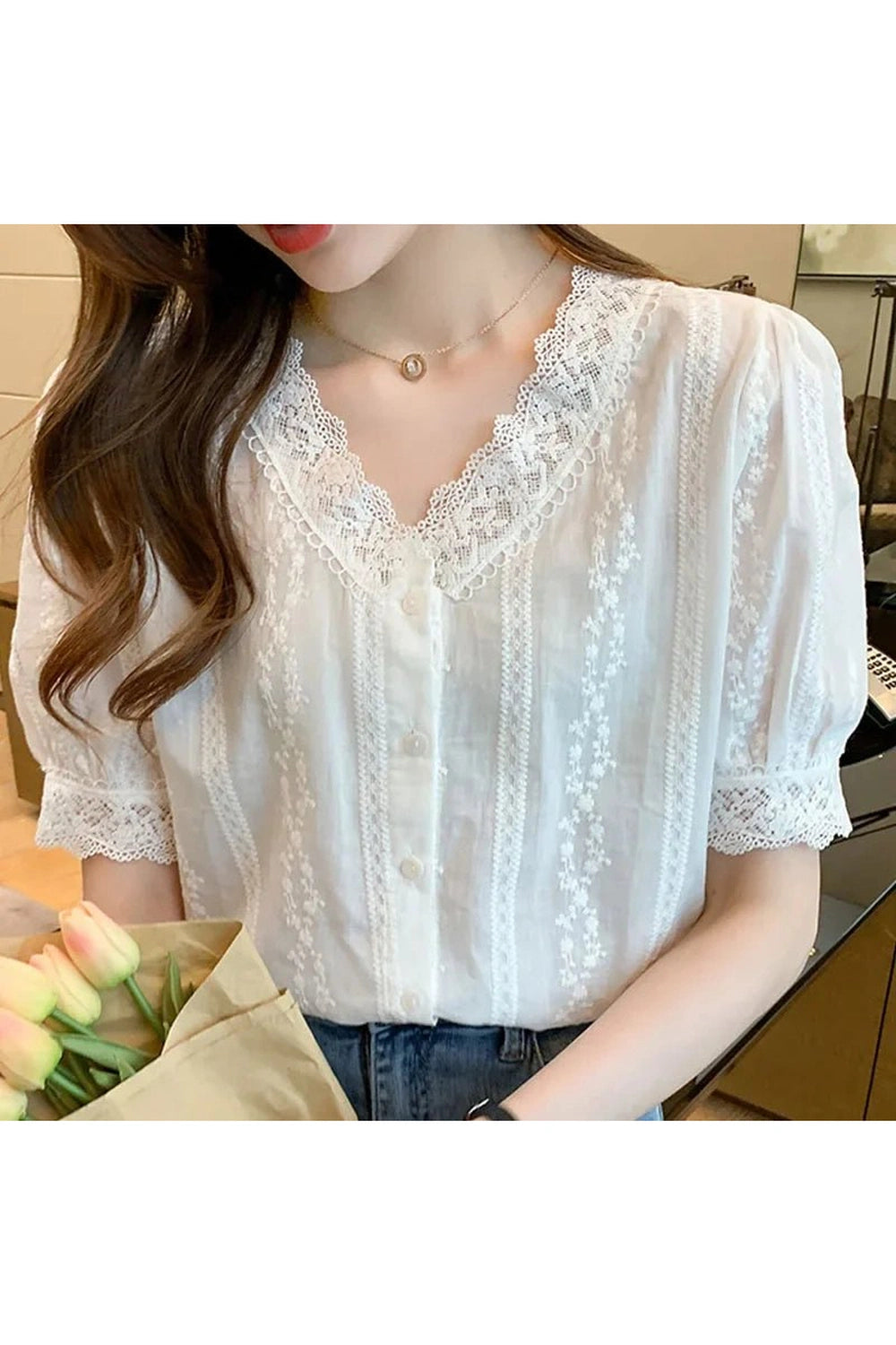 New Style Trends - Coquette Lace V-Neck White Blouse - Outfit Ideas