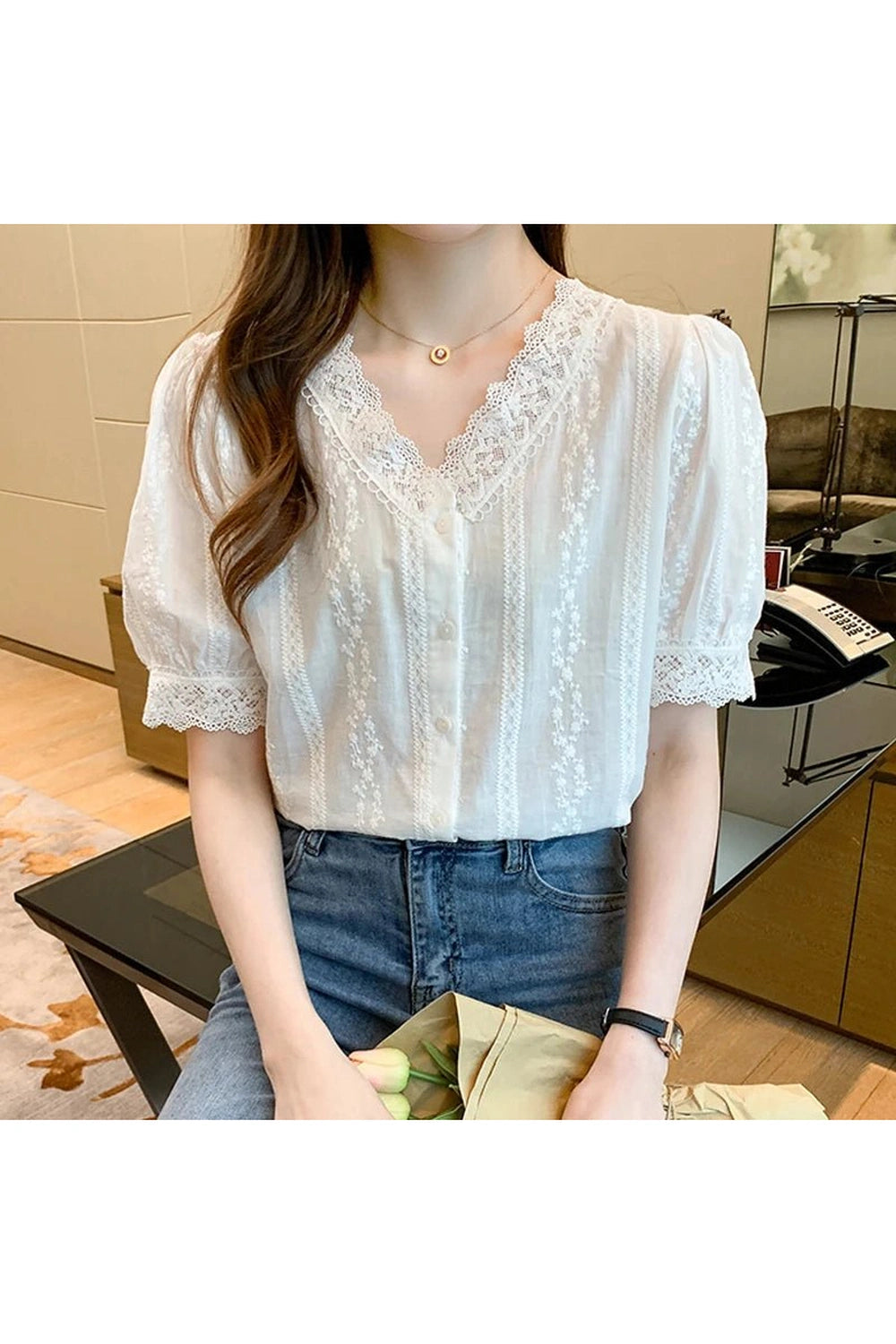 New Style Trends - Coquette Lace V-Neck White Blouse - Outfit Ideas