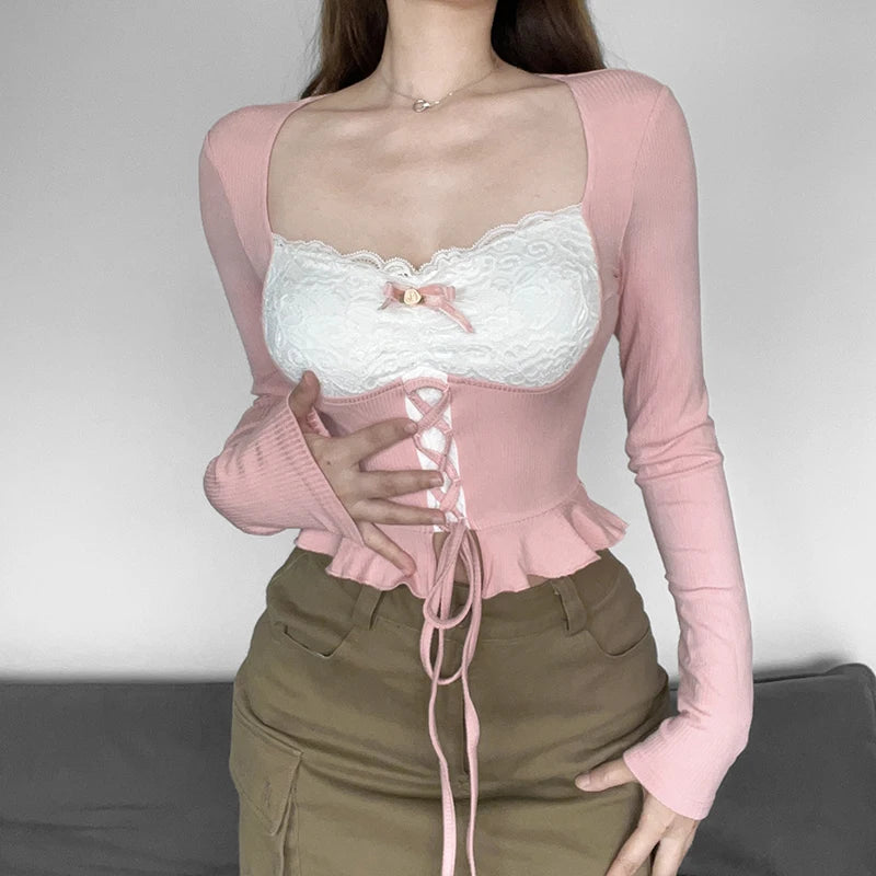 New Style Trends - Coquette Pink Patchwork Long Sleeve Top - Outfit Ideas